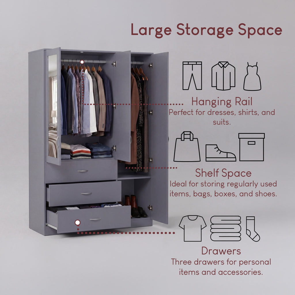 Riano 3 Door 3 Drawer Mirrored Wardrobe – Modern Spacious Bedroom Storage Closet, Grey