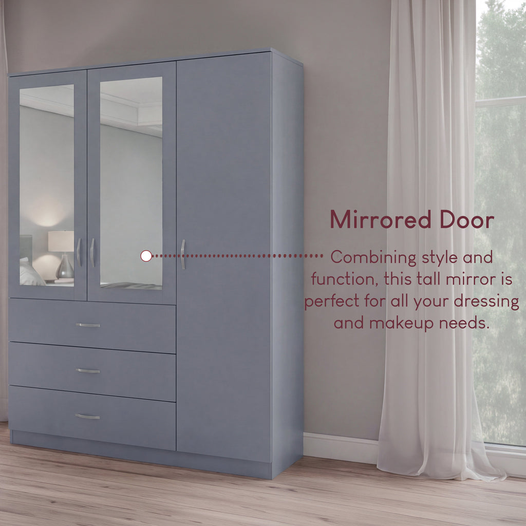Riano 3 Door 3 Drawer Mirrored Wardrobe – Modern Spacious Bedroom Storage Closet, Grey