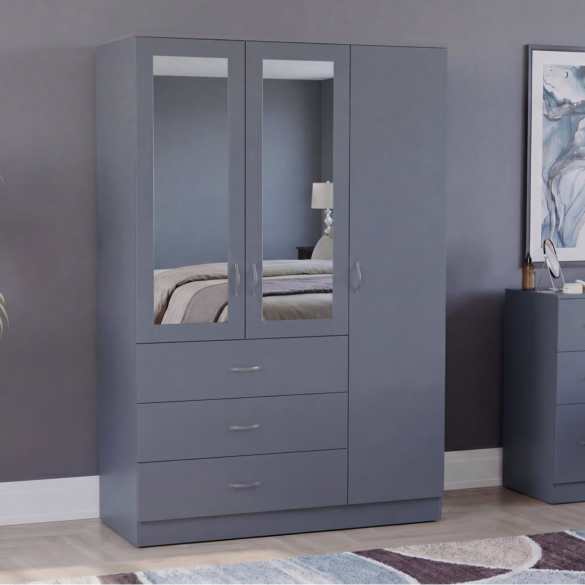 Riano 3 Door 3 Drawer Mirrored Wardrobe – Modern Spacious Bedroom Storage Closet, Grey