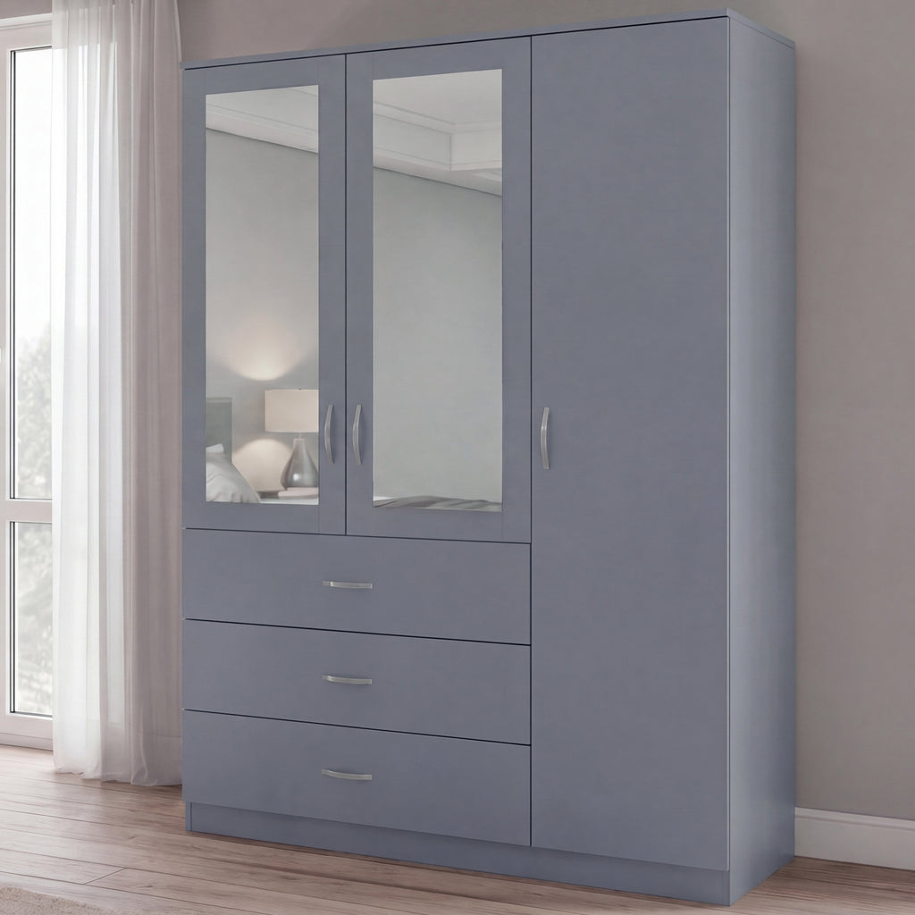 Riano 3 Door 3 Drawer Mirrored Wardrobe – Modern Spacious Bedroom Storage Closet, Grey