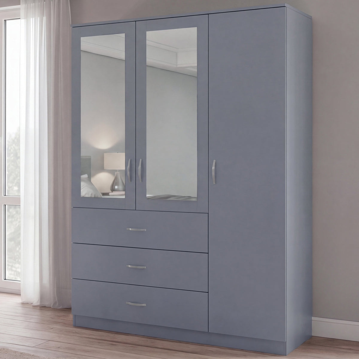Riano 3 Door 3 Drawer Mirrored Wardrobe – Modern Spacious Bedroom Storage Closet, Grey