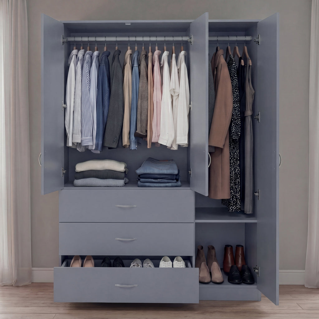 Riano 3 Door 3 Drawer Mirrored Wardrobe – Modern Spacious Bedroom Storage Closet, Grey