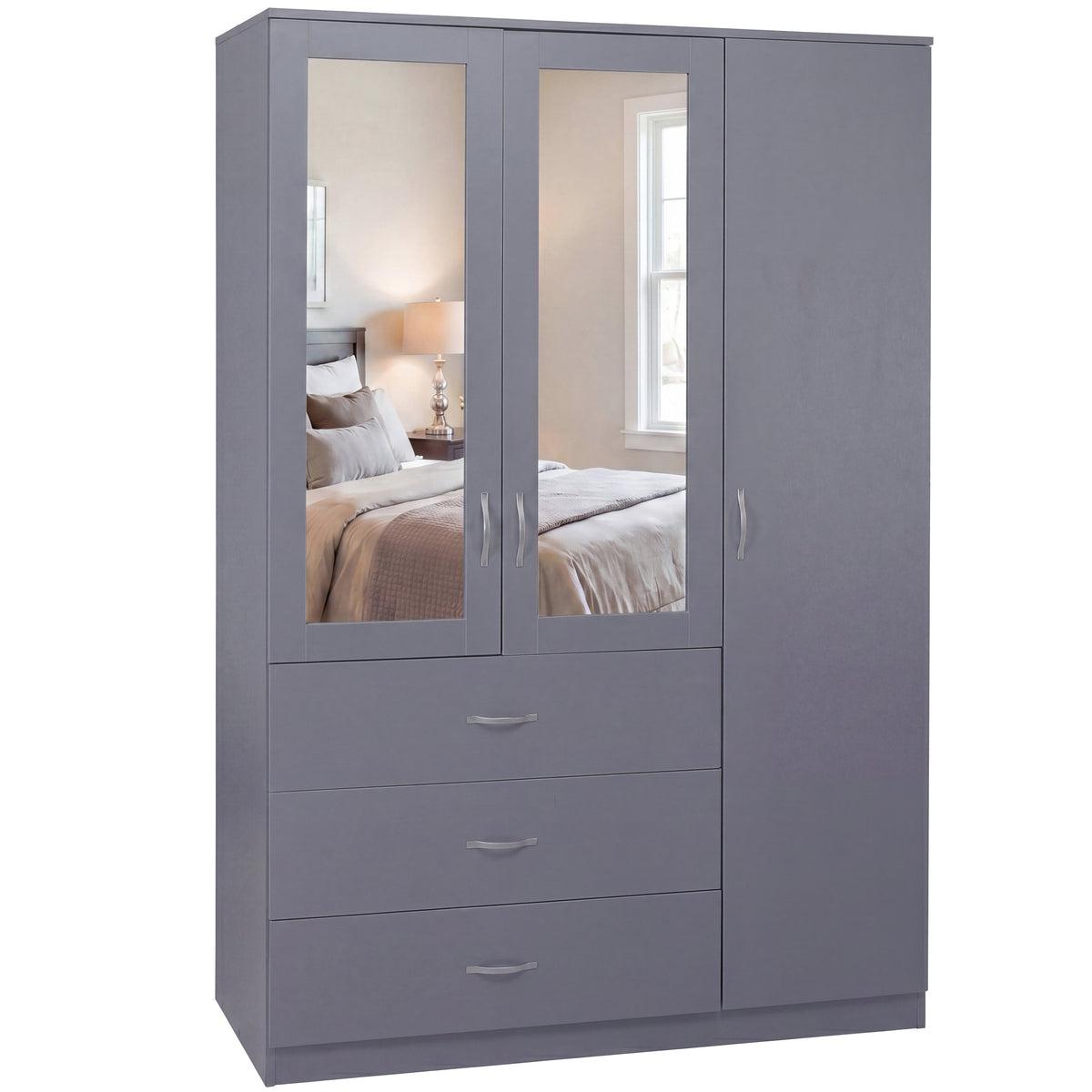 Riano 3 Door 3 Drawer Mirrored Wardrobe – Modern Spacious Bedroom Storage Closet, Grey