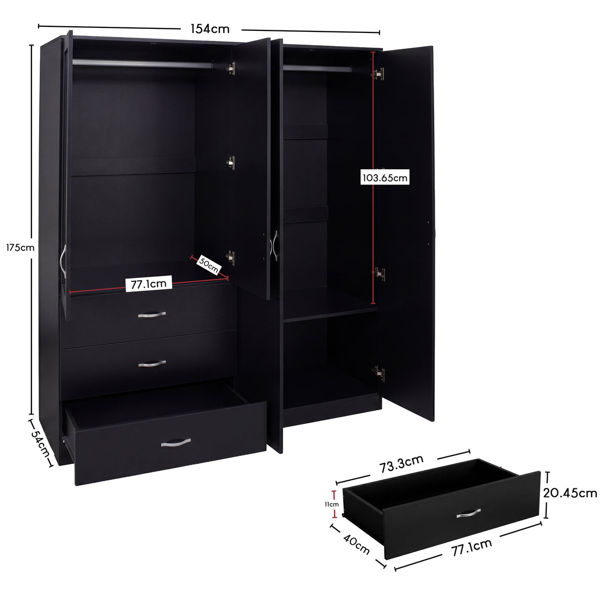 Riano 4 Door 3 Drawer Mirrored Wardrobe – Modern Spacious Bedroom Storage Closet, Black