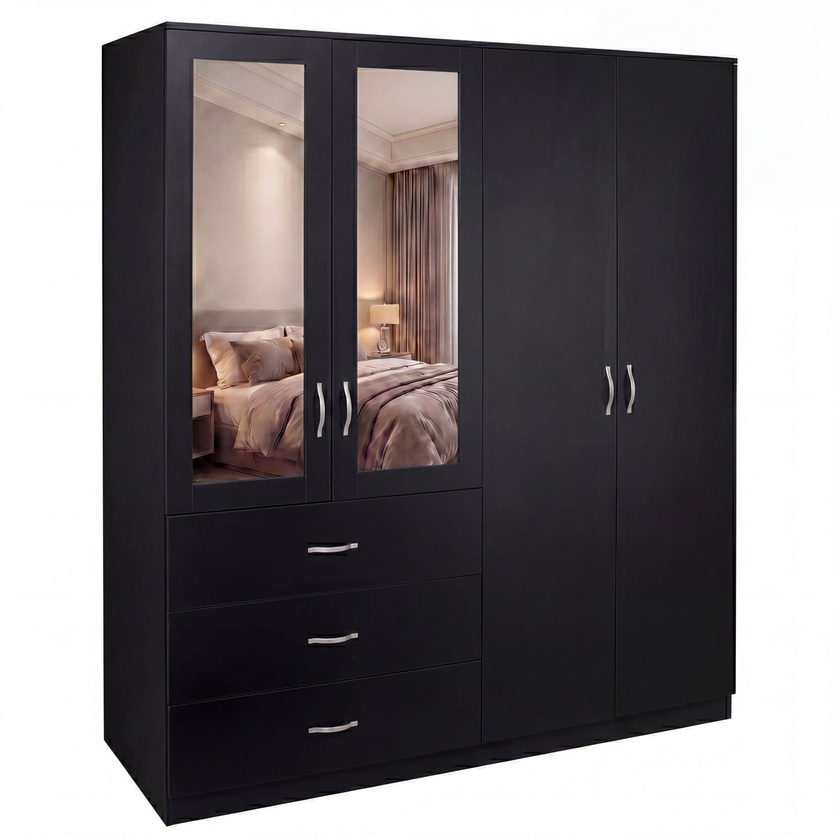 Riano 4 Door 3 Drawer Mirrored Wardrobe – Modern Spacious Bedroom Storage Closet, Black