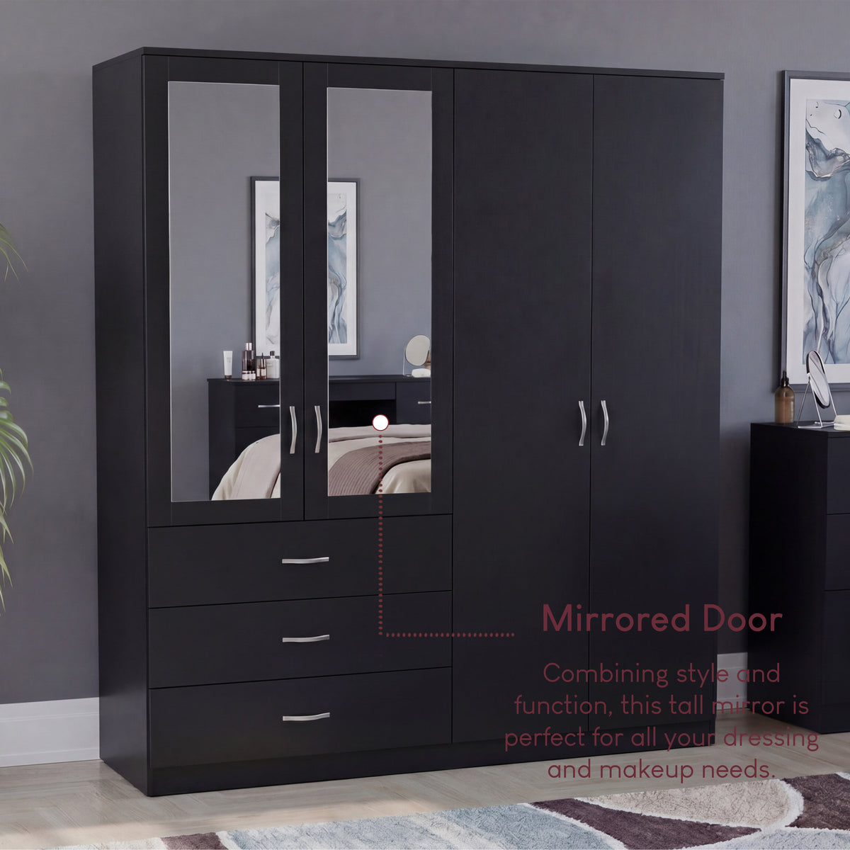 Riano 4 Door 3 Drawer Mirrored Wardrobe – Modern Spacious Bedroom Storage Closet, Black