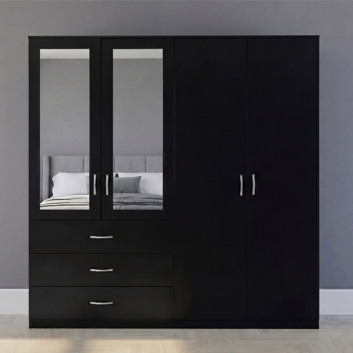 Riano 4 Door 3 Drawer Mirrored Wardrobe – Modern Spacious Bedroom Storage Closet, Black