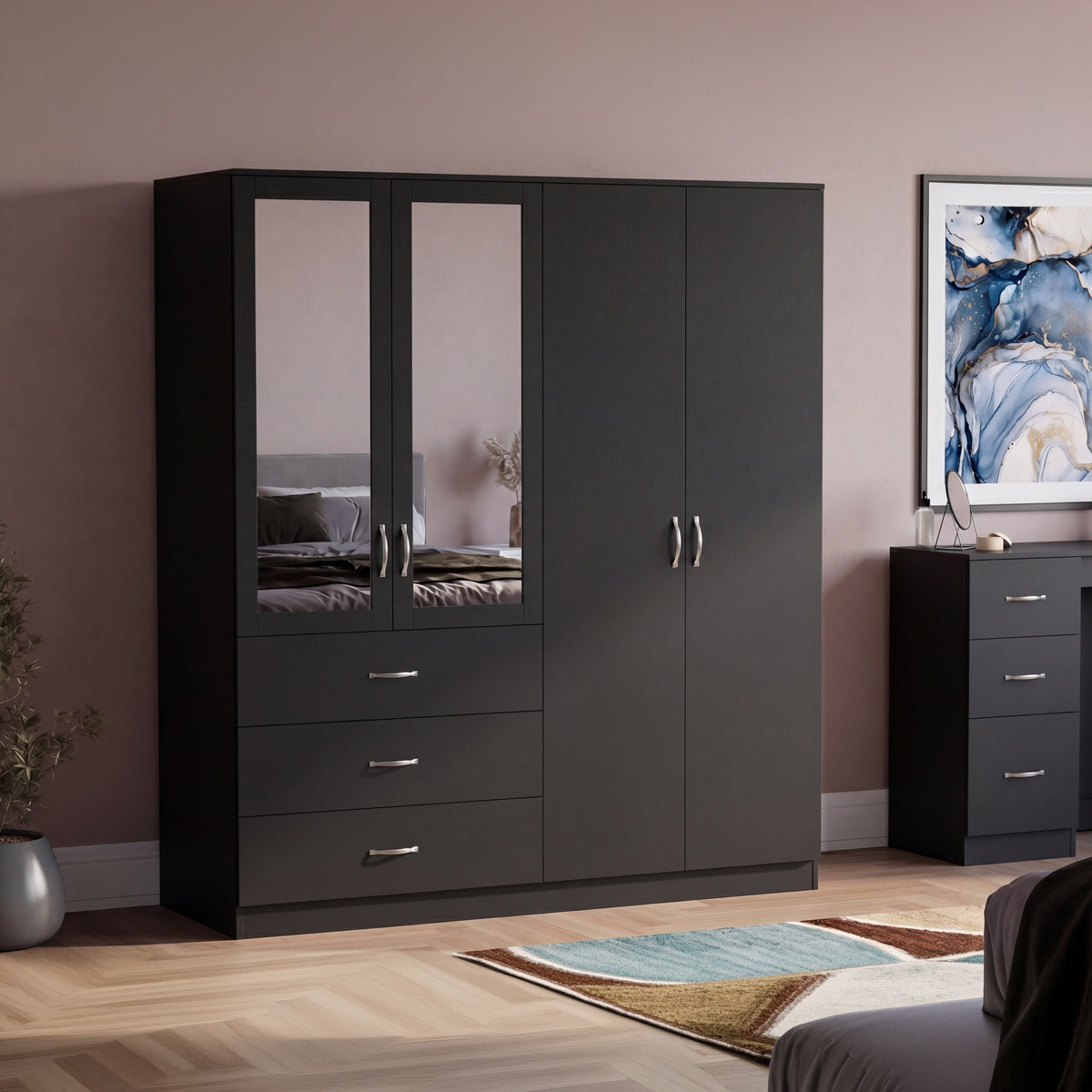 Riano 4 Door 3 Drawer Mirrored Wardrobe – Modern Spacious Bedroom Storage Closet, Black