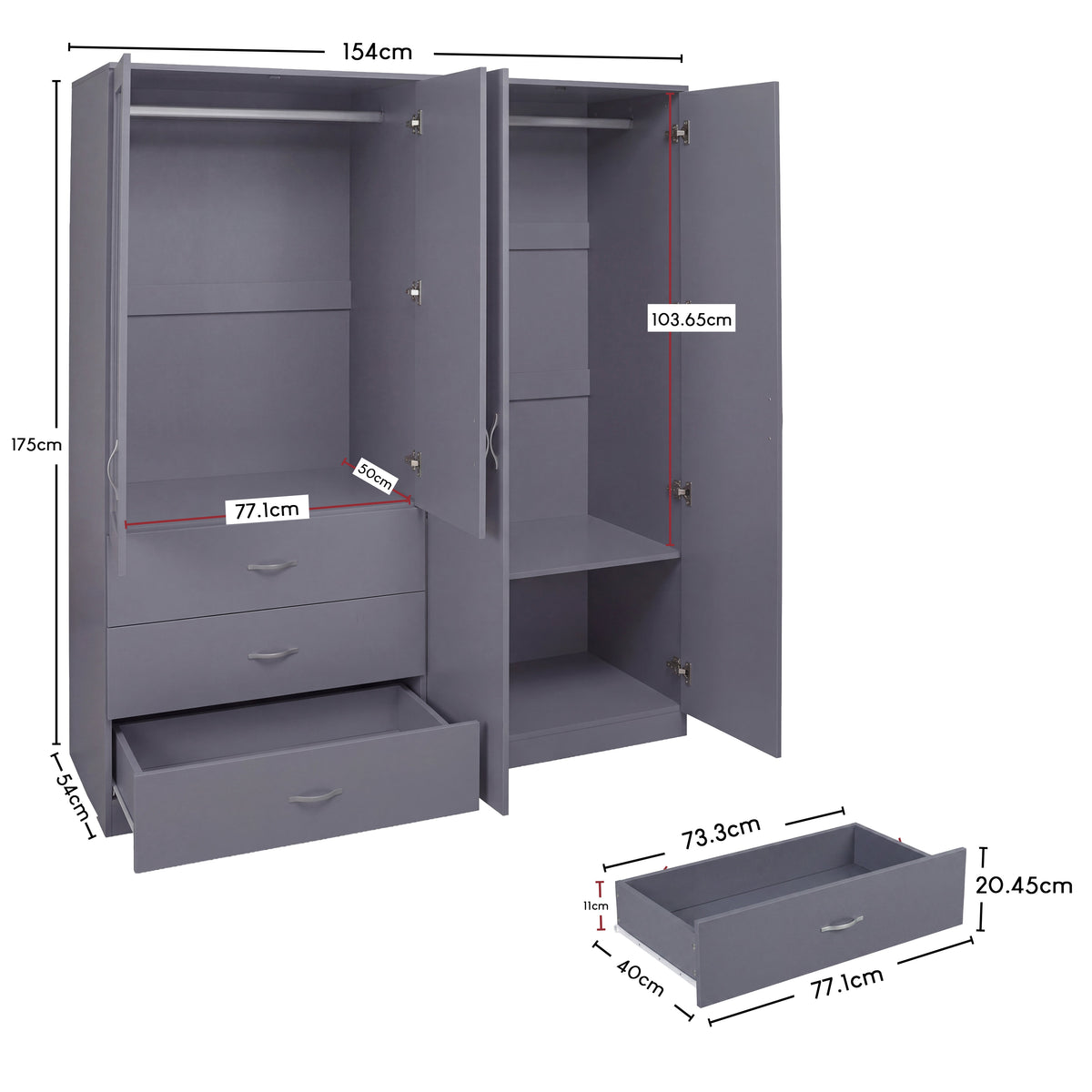 Riano 4 Door 3 Drawer Mirrored Wardrobe – Spacious Bedroom Storage Closet, Grey