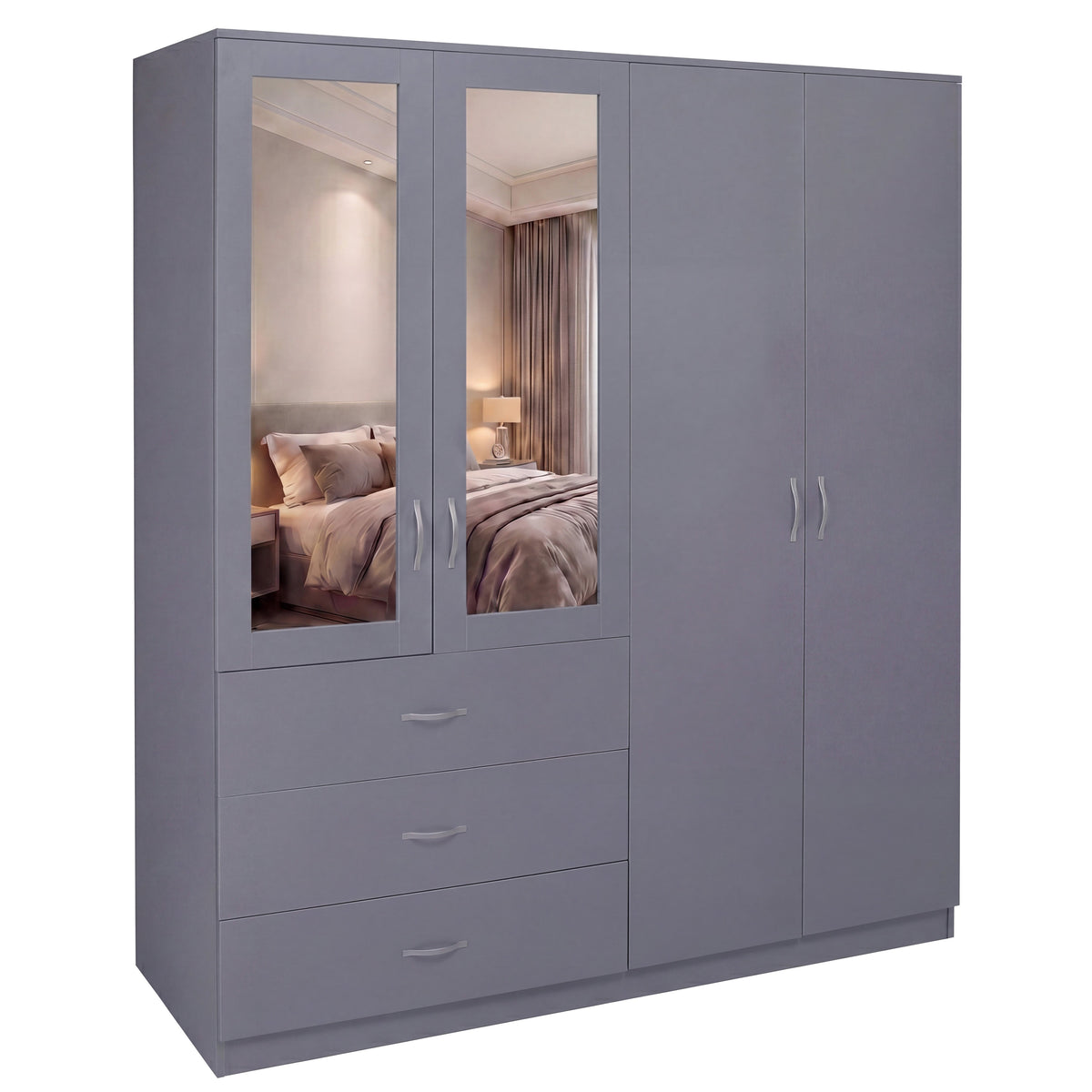 Riano 4 Door 3 Drawer Mirrored Wardrobe – Spacious Bedroom Storage Closet, Grey