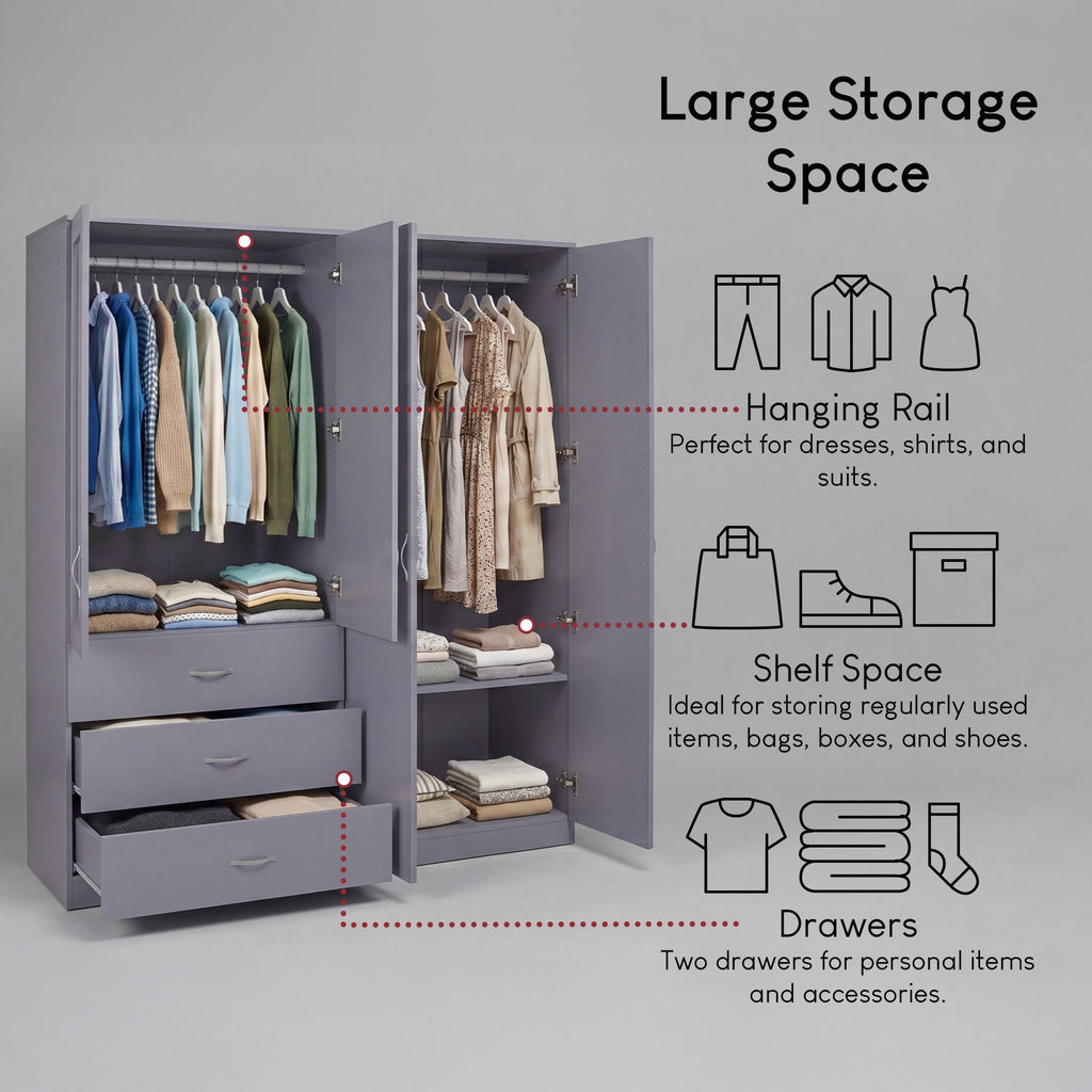 Riano 4 Door 3 Drawer Mirrored Wardrobe – Spacious Bedroom Storage Closet, Grey