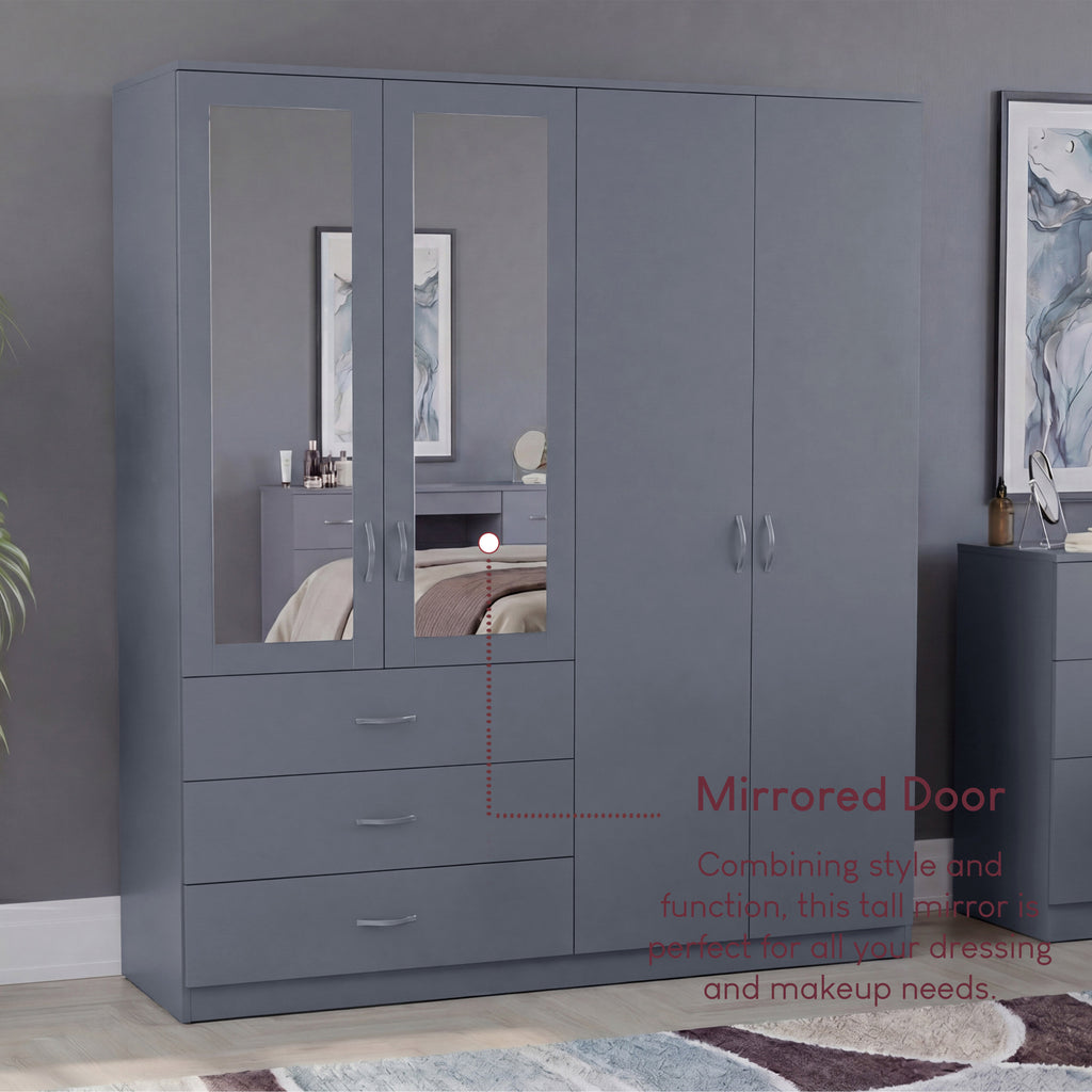 Riano 4 Door 3 Drawer Mirrored Wardrobe – Spacious Bedroom Storage Closet, Grey
