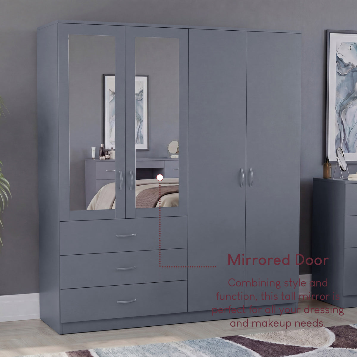 Riano 4 Door 3 Drawer Mirrored Wardrobe – Spacious Bedroom Storage Closet, Grey
