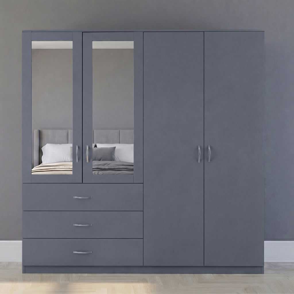 Riano 4 Door 3 Drawer Mirrored Wardrobe – Spacious Bedroom Storage Closet, Grey