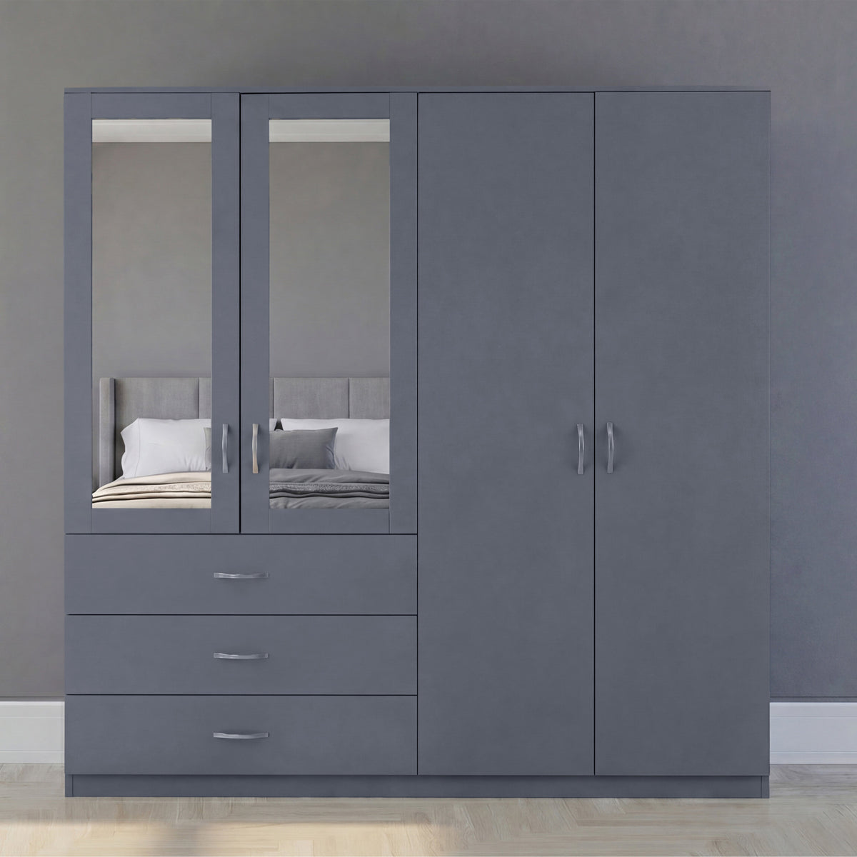 Riano 4 Door 3 Drawer Mirrored Wardrobe – Spacious Bedroom Storage Closet, Grey