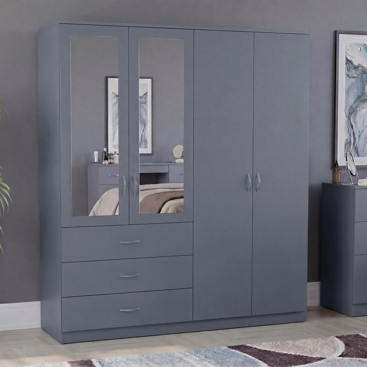 Riano 4 Door 3 Drawer Mirrored Wardrobe – Spacious Bedroom Storage Closet, Grey