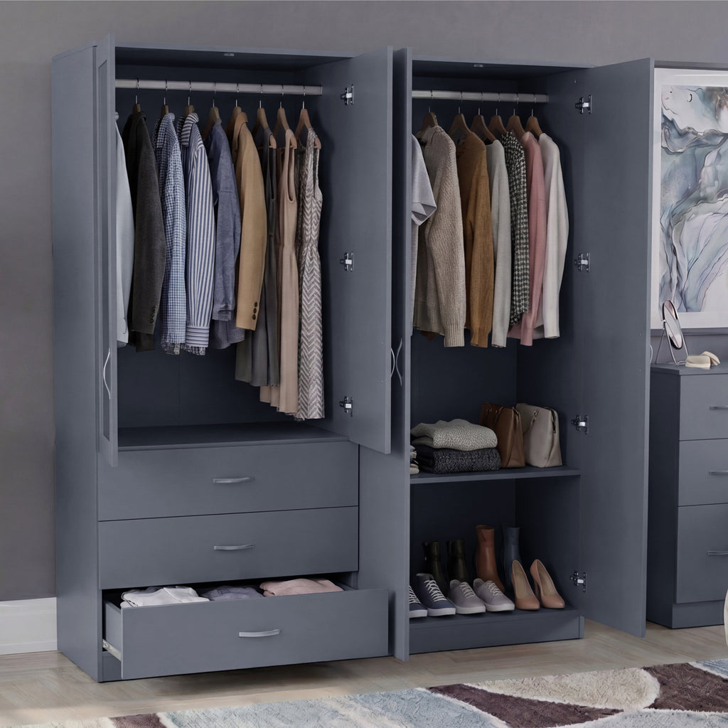 Riano 4 Door 3 Drawer Mirrored Wardrobe – Spacious Bedroom Storage Closet, Grey