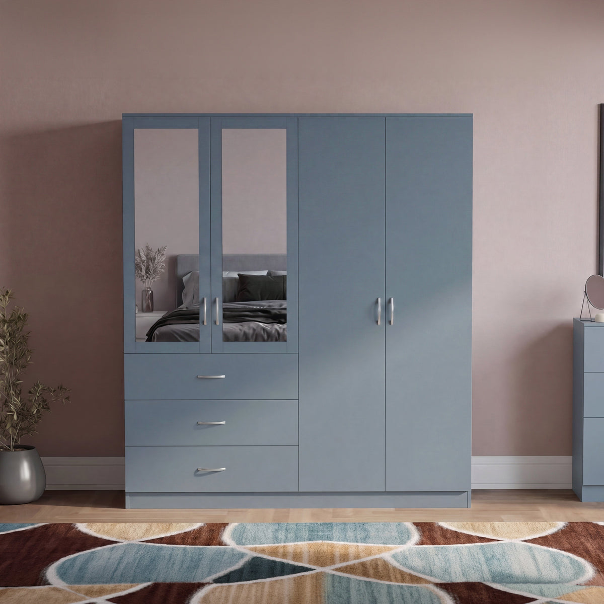 Riano 4 Door 3 Drawer Mirrored Wardrobe – Spacious Bedroom Storage Closet, Grey