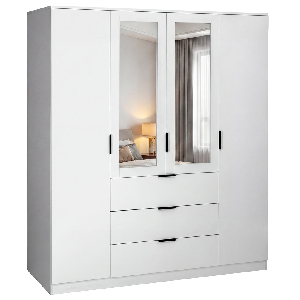 Trega 4 Door 3 Drawer Mirrored Wardrobe – Modern Spacious Bedroom Storage Closet, White