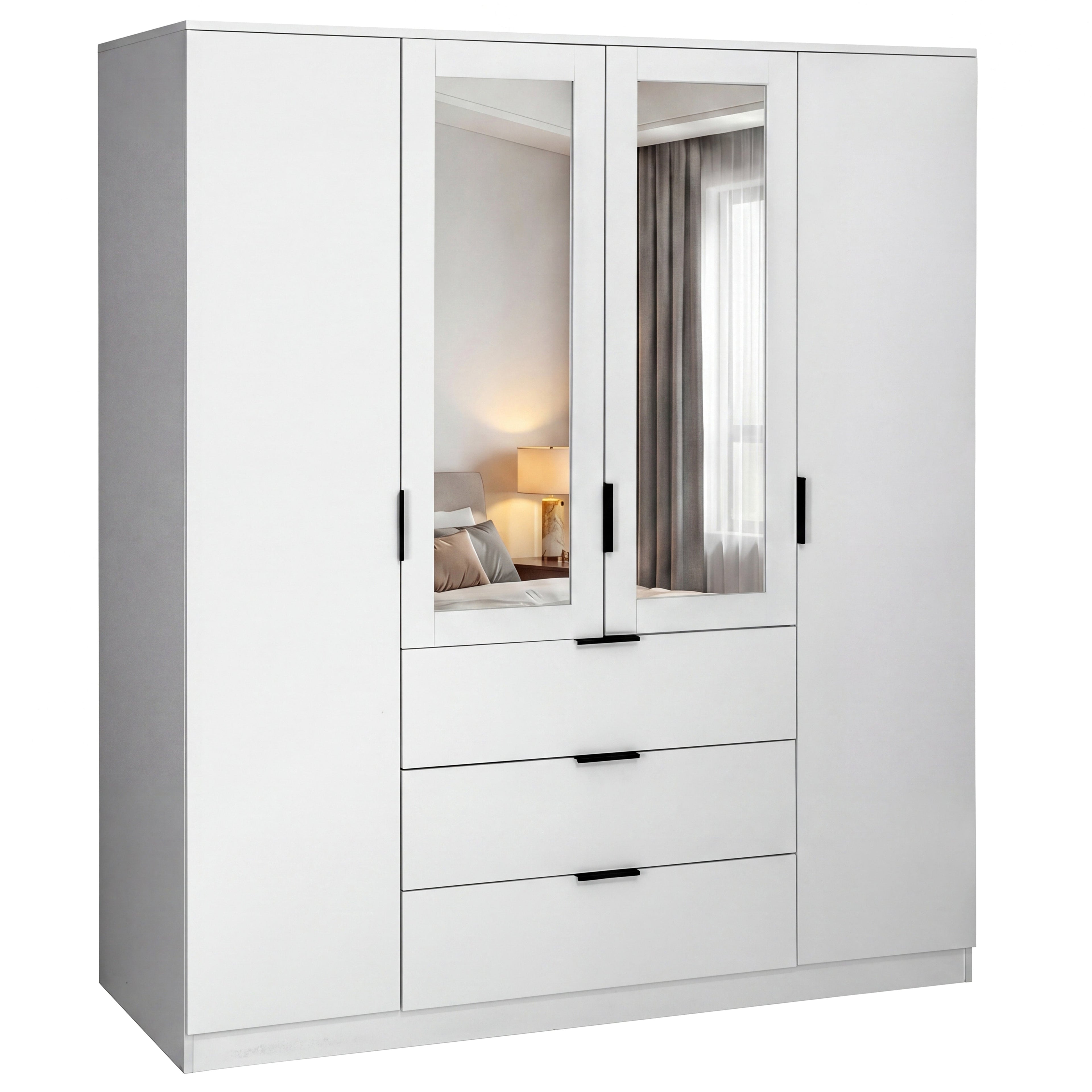 Trega 4 Door 3 Drawer Mirrored Wardrobe – Modern Spacious Bedroom Storage Closet, White