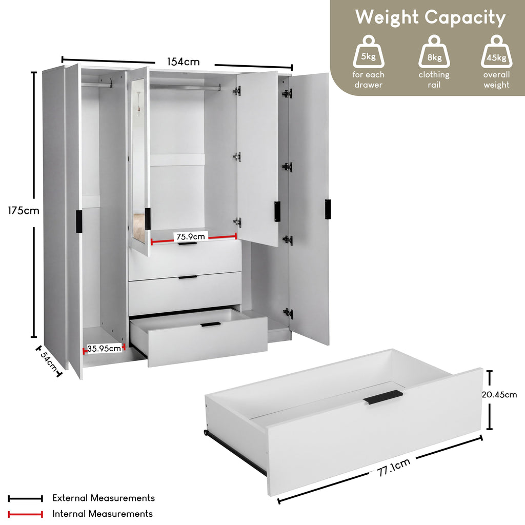 Trega 4 Door 3 Drawer Mirrored Wardrobe – Modern Spacious Bedroom Storage Closet, White