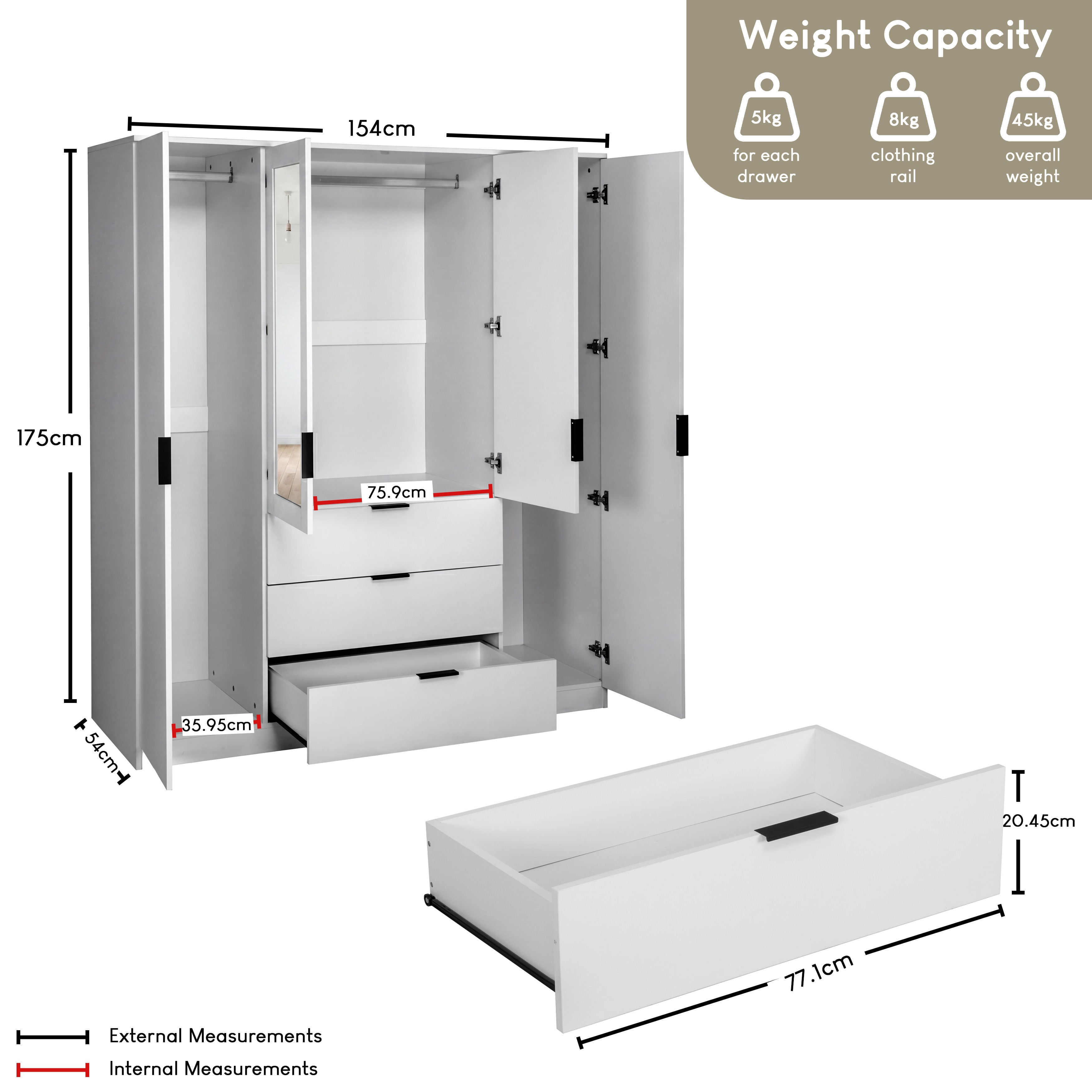 Trega 4 Door 3 Drawer Mirrored Wardrobe – Modern Spacious Bedroom Storage Closet, White