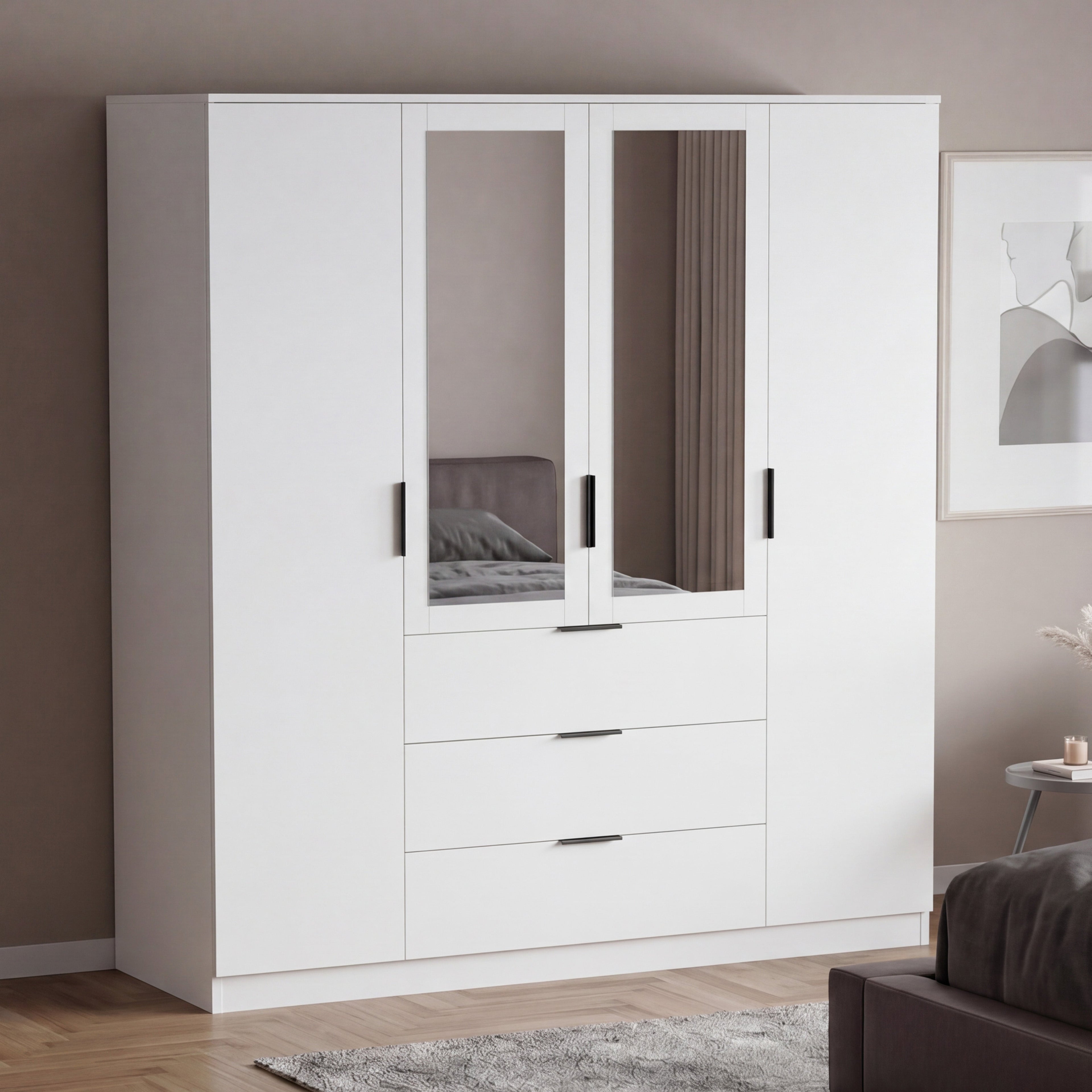 Trega 4 Door 3 Drawer Mirrored Wardrobe – Modern Spacious Bedroom Storage Closet, White