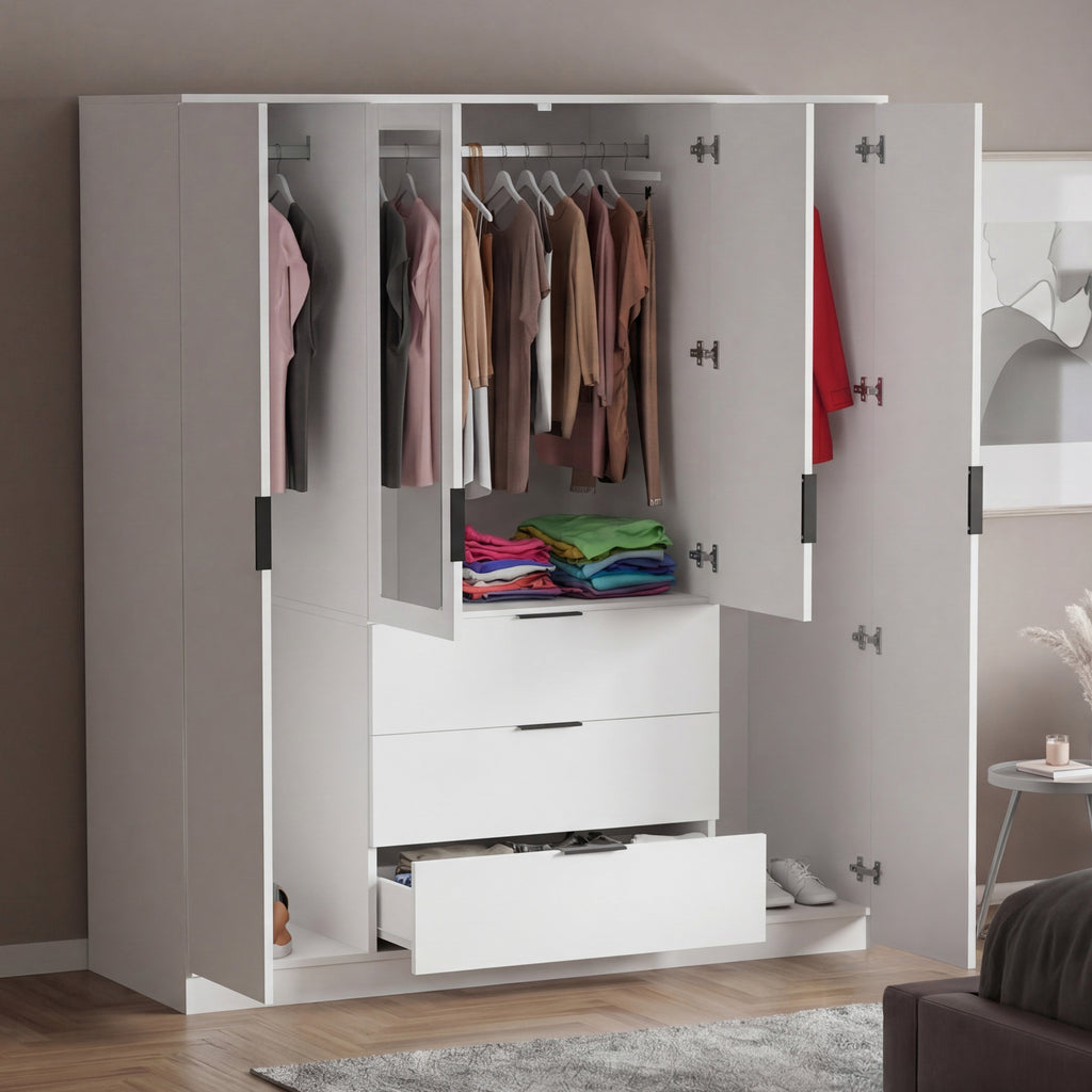 Trega 4 Door 3 Drawer Mirrored Wardrobe – Modern Spacious Bedroom Storage Closet, White