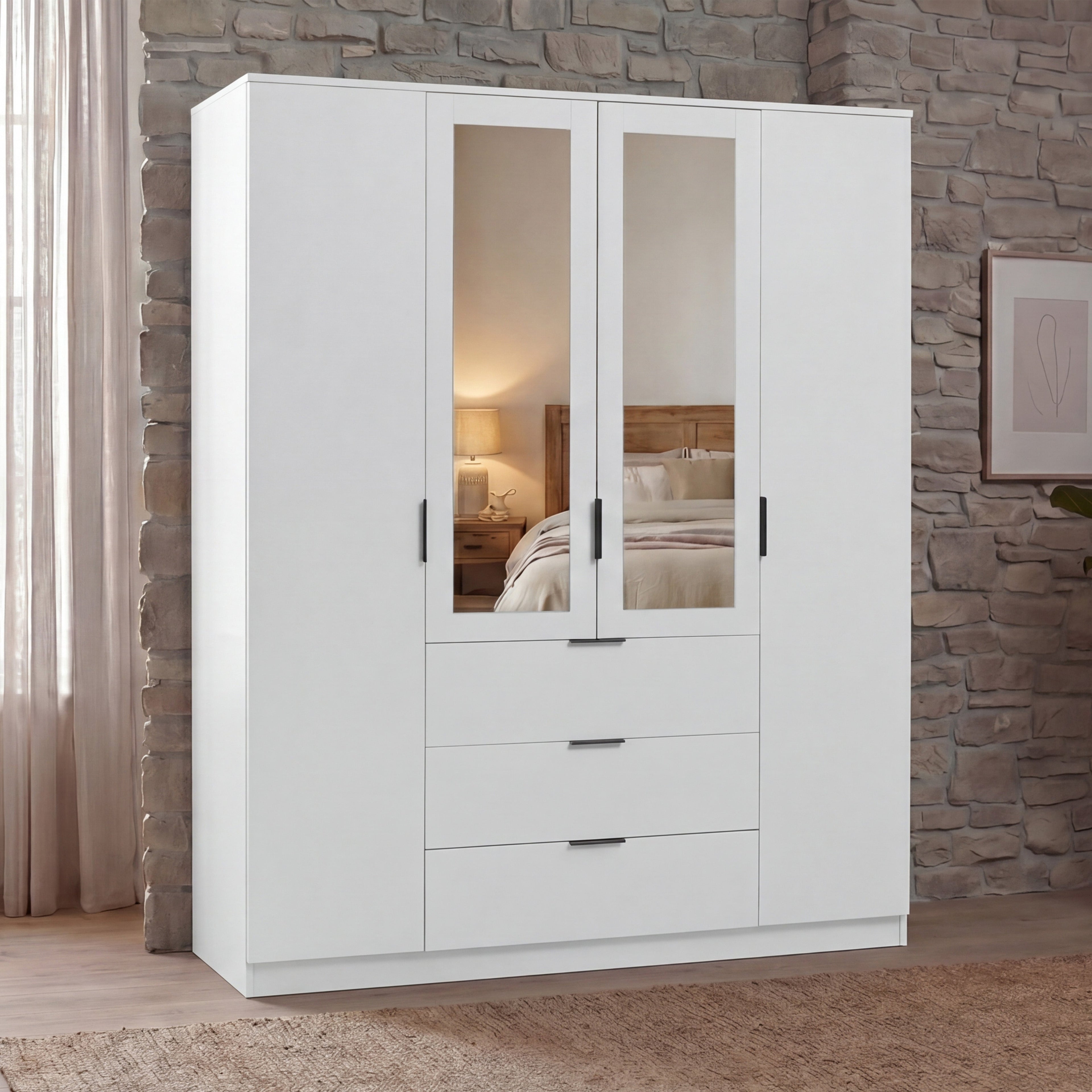 Trega 4 Door 3 Drawer Mirrored Wardrobe – Modern Spacious Bedroom Storage Closet, White