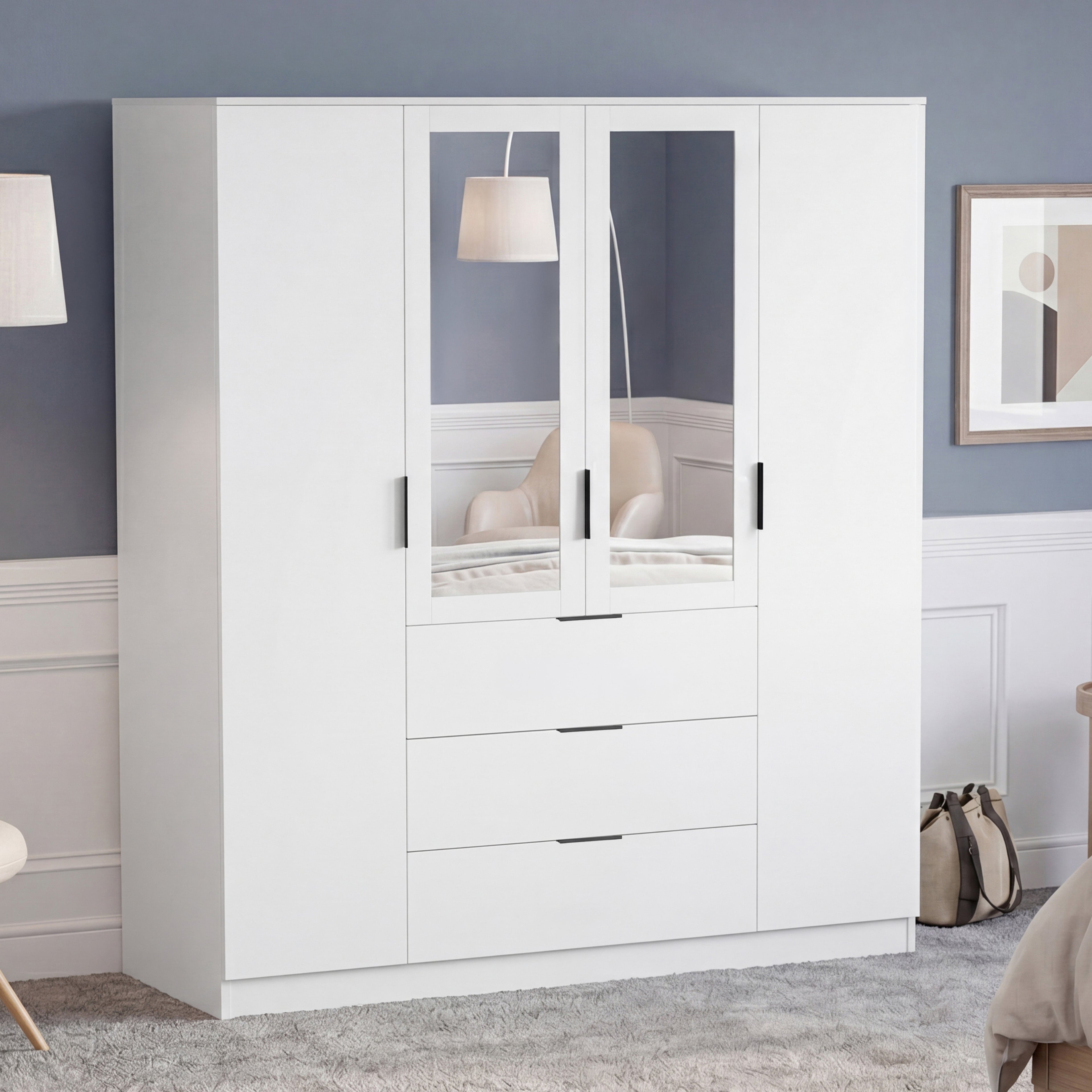Trega 4 Door 3 Drawer Mirrored Wardrobe – Modern Spacious Bedroom Storage Closet, White