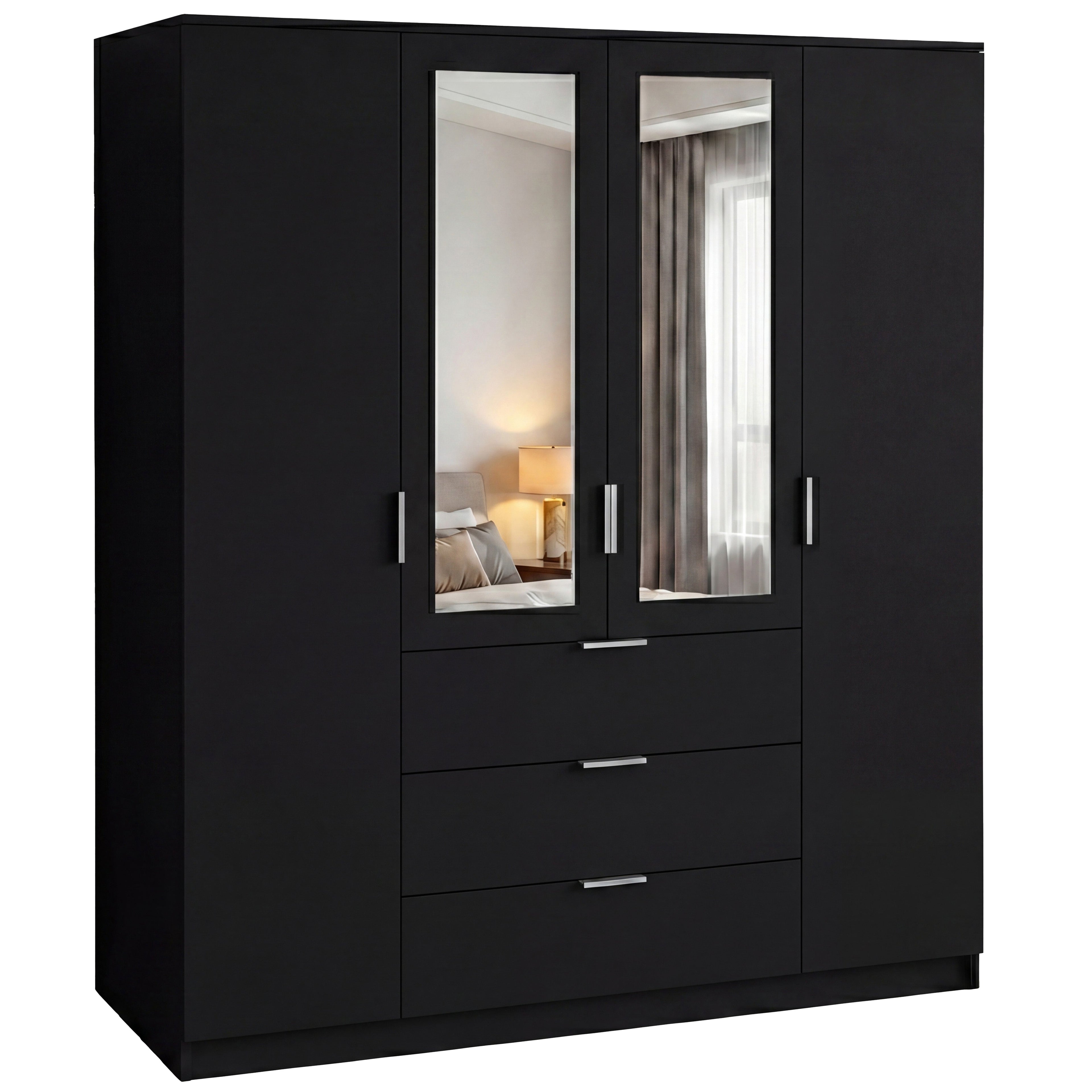 Trega 4 Door 3 Drawer Mirrored Wardrobe – Modern Spacious Bedroom Storage Closet, Black