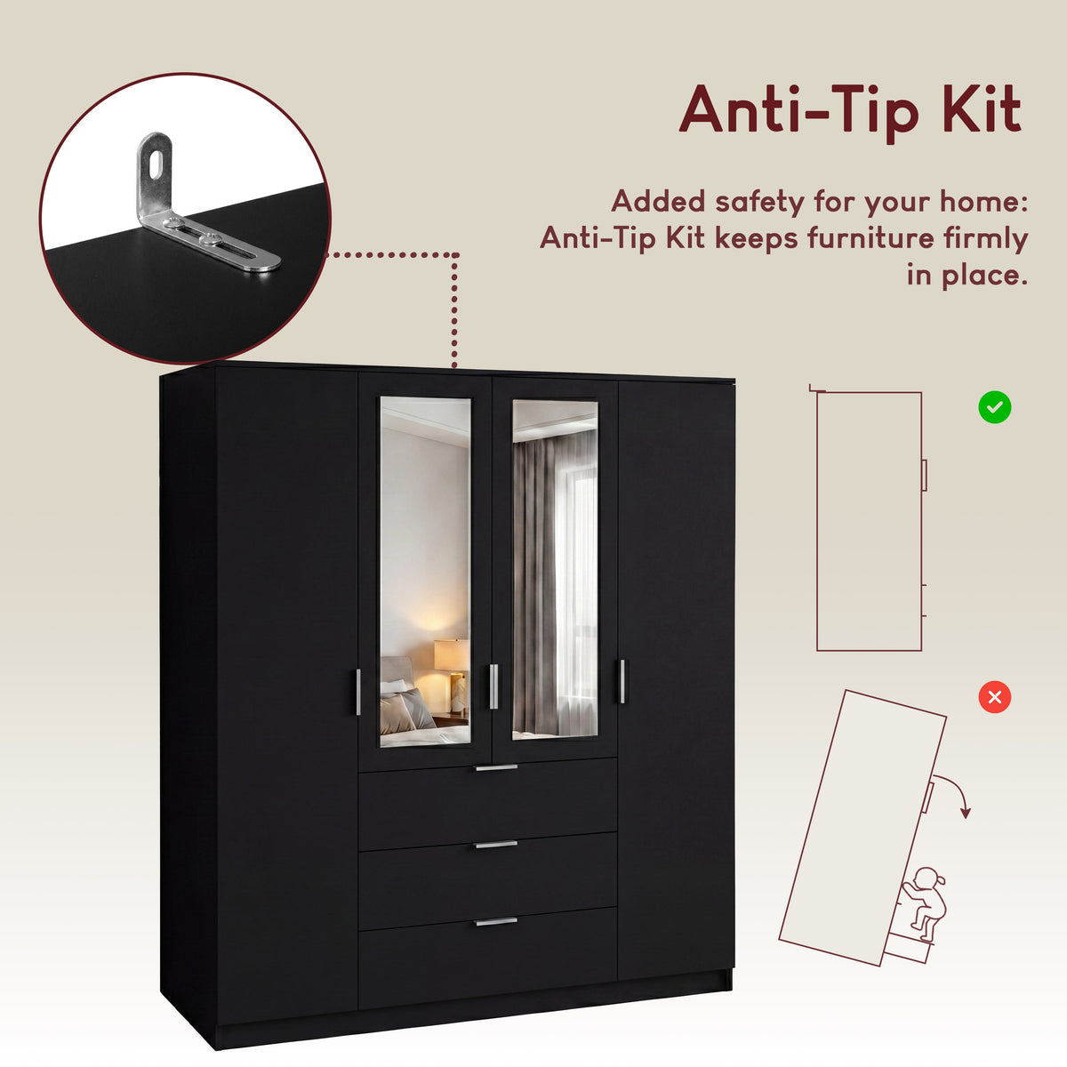 Trega 4 Door 3 Drawer Mirrored Wardrobe – Modern Spacious Bedroom Storage Closet, Black