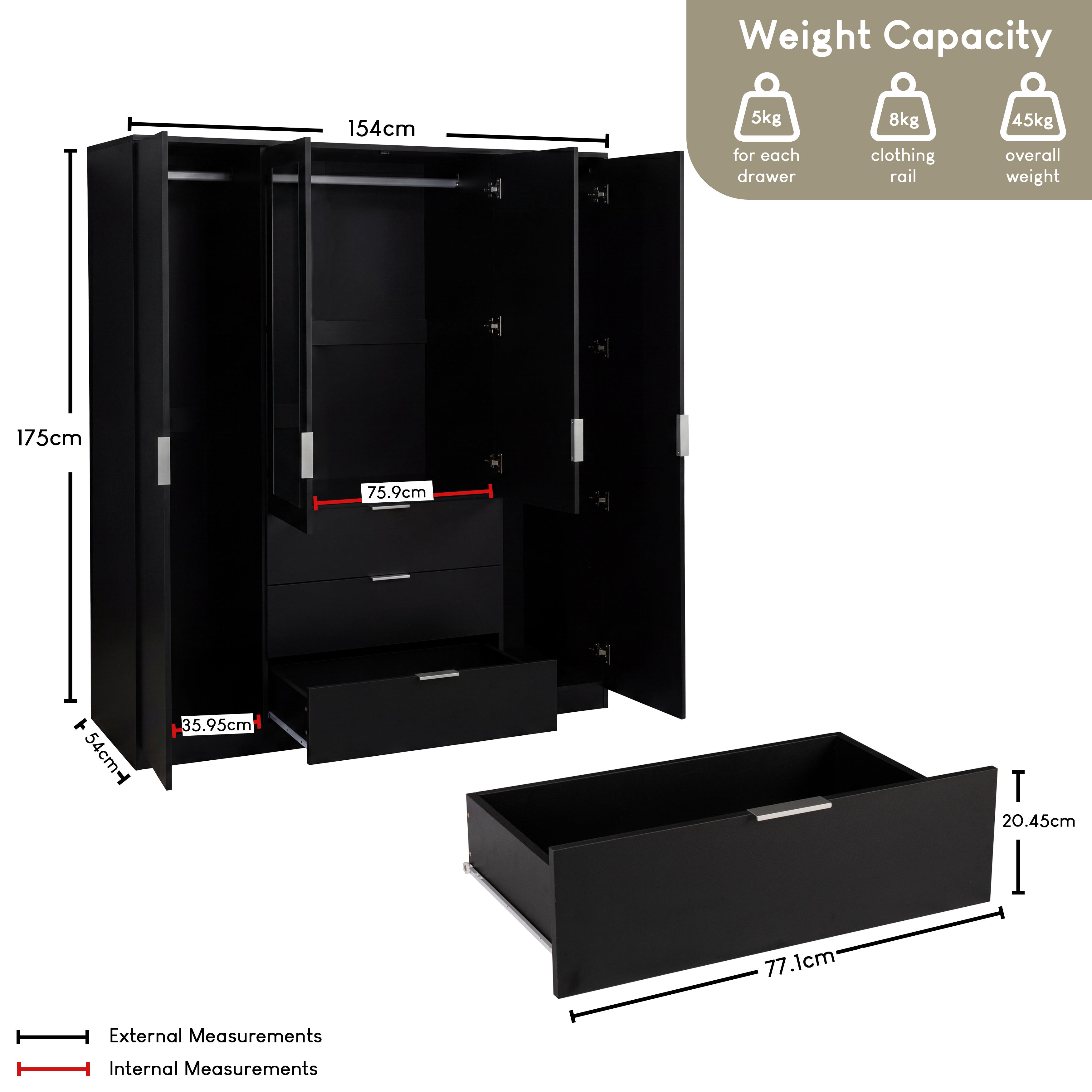 Trega 4 Door 3 Drawer Mirrored Wardrobe – Modern Spacious Bedroom Storage Closet, Black