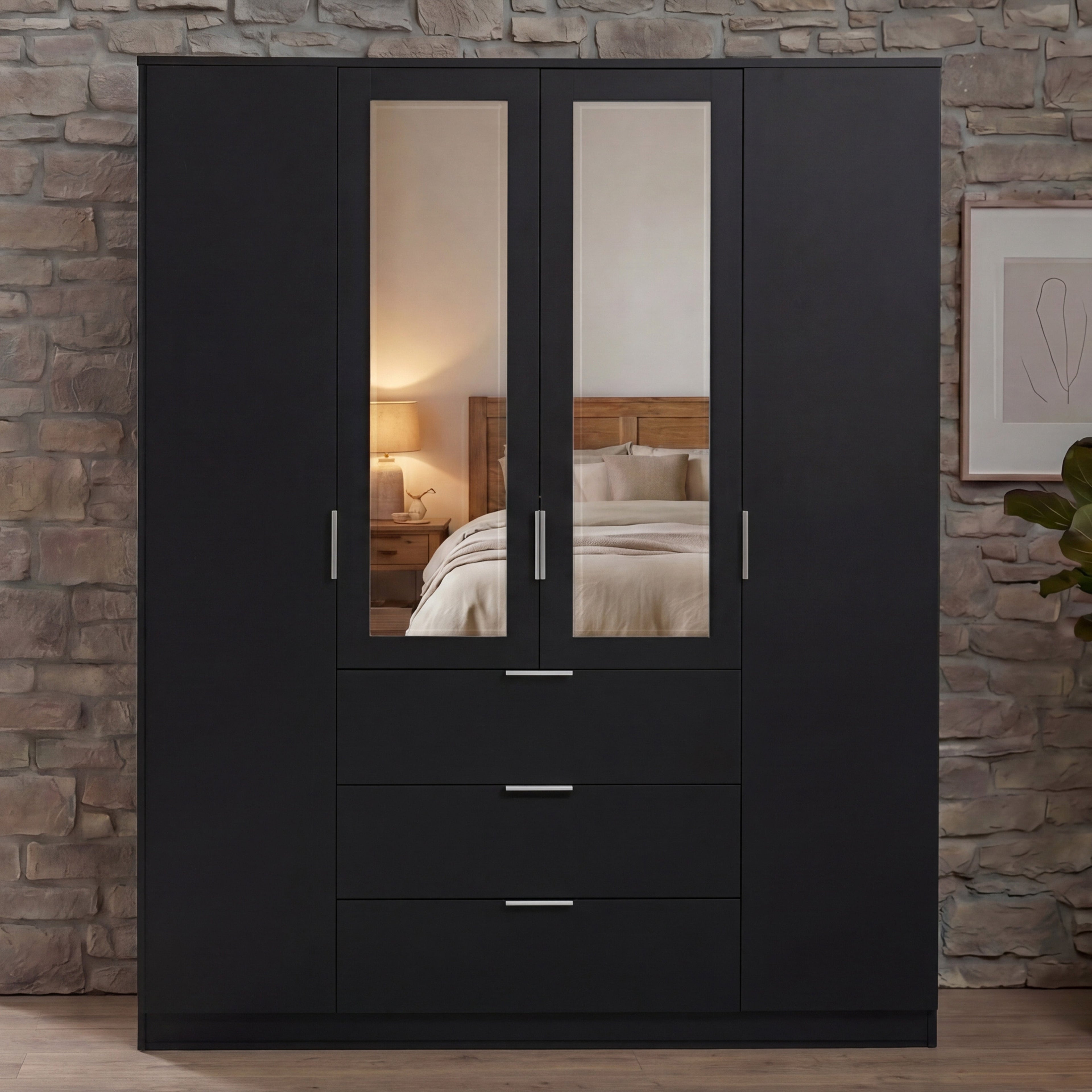 Trega 4 Door 3 Drawer Mirrored Wardrobe – Modern Spacious Bedroom Storage Closet, Black