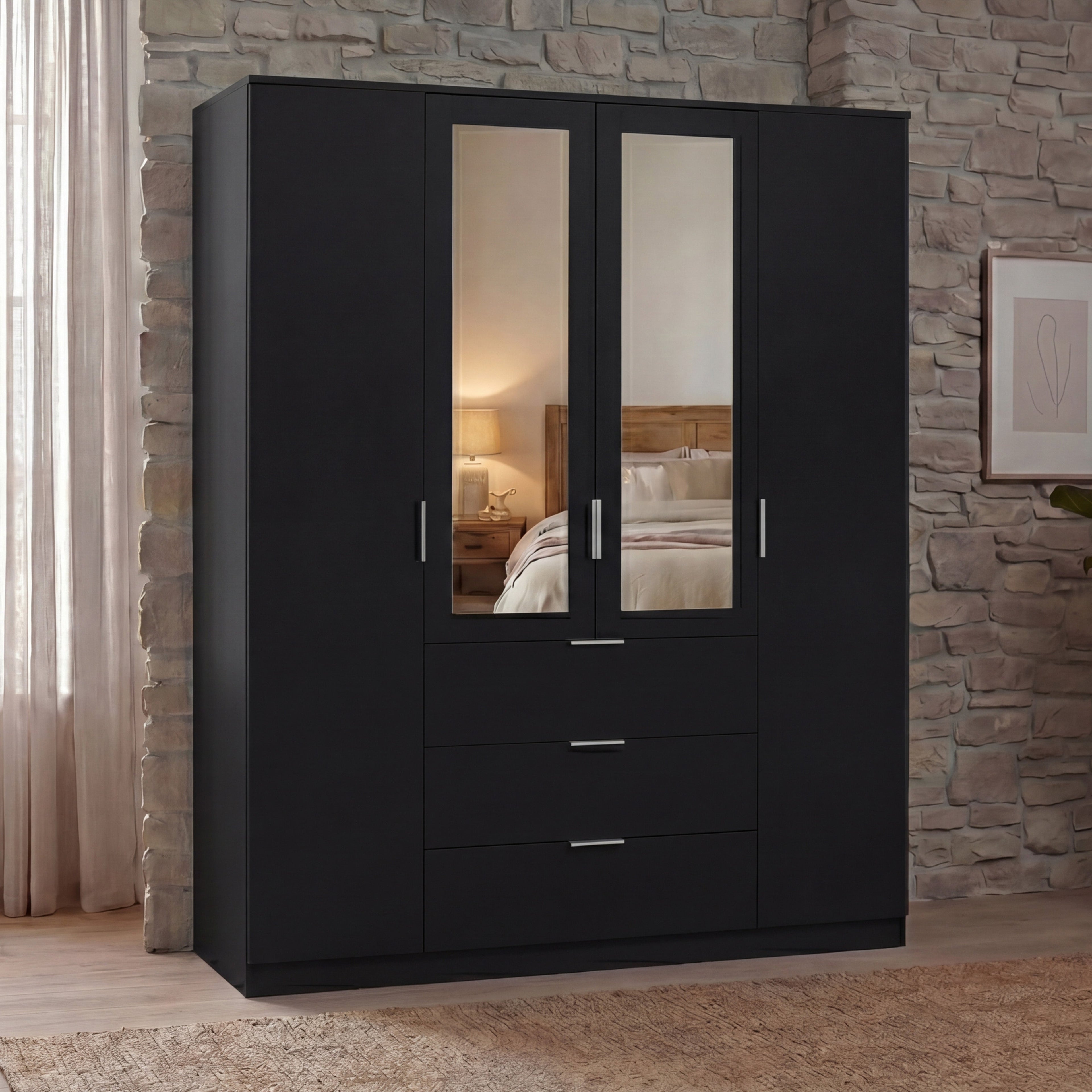 Trega 4 Door 3 Drawer Mirrored Wardrobe – Modern Spacious Bedroom Storage Closet, Black