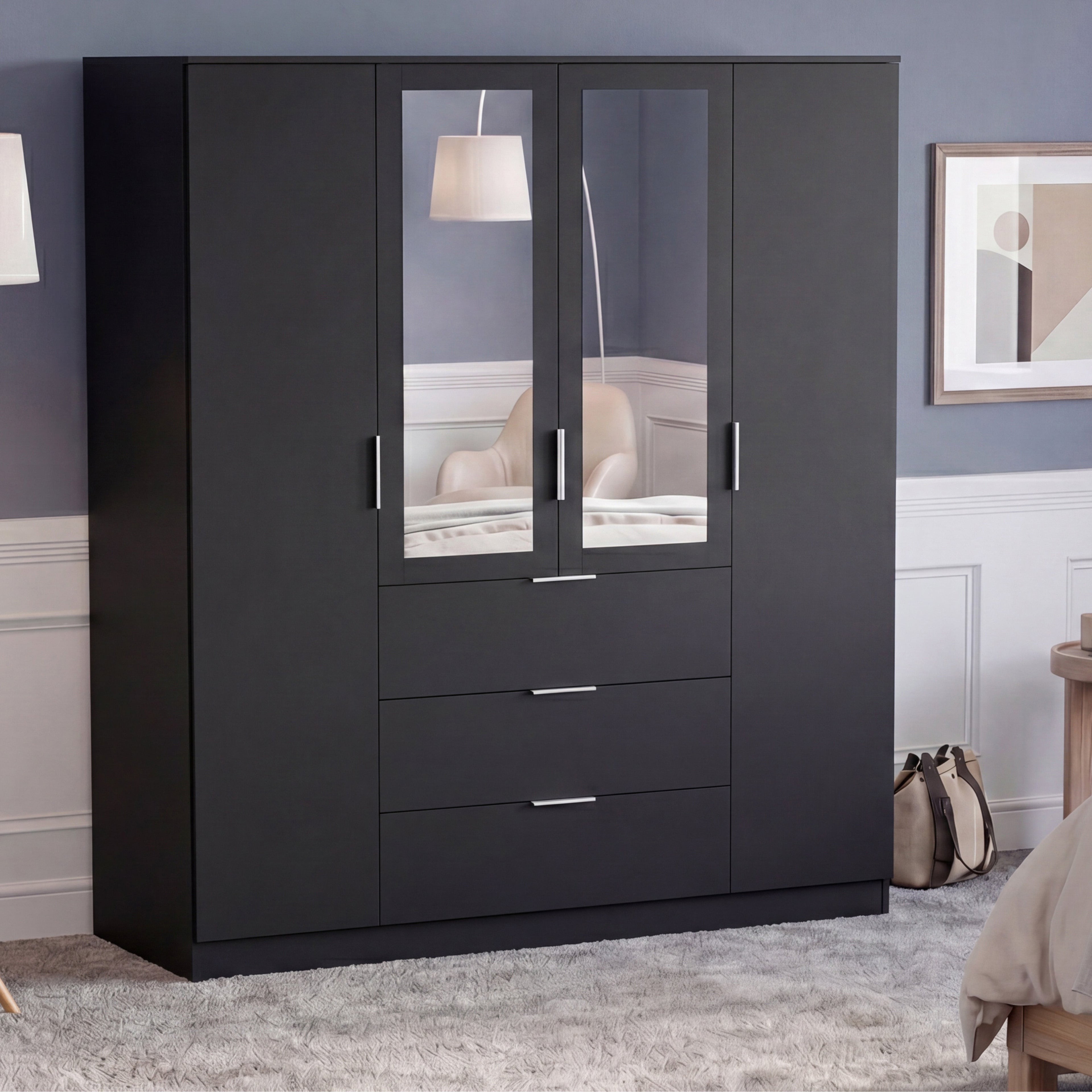 Trega 4 Door 3 Drawer Mirrored Wardrobe – Modern Spacious Bedroom Storage Closet, Black
