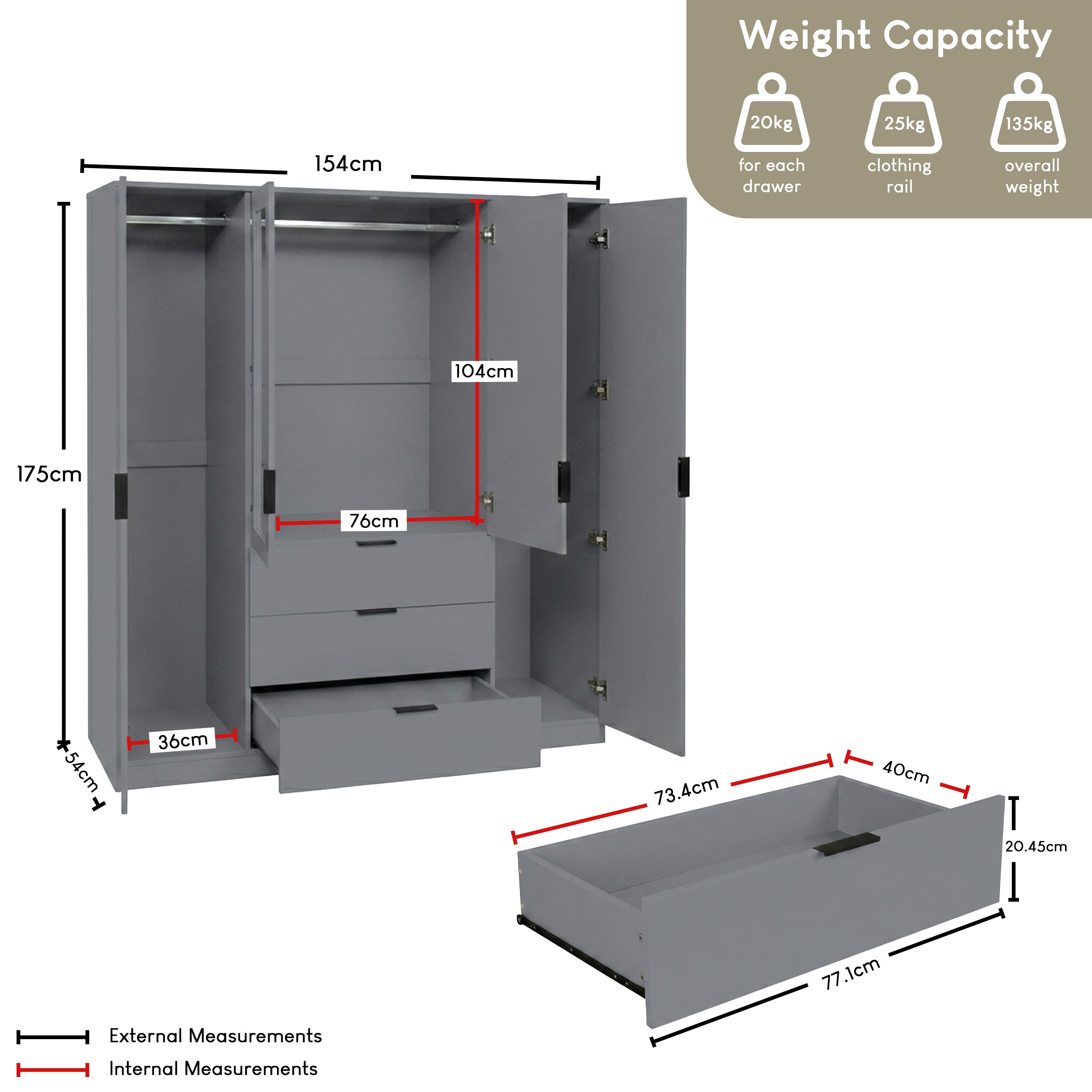 Trega 4 Door 3 Drawer Mirrored Wardrobe – Modern Spacious Bedroom Storage Closet, Grey
