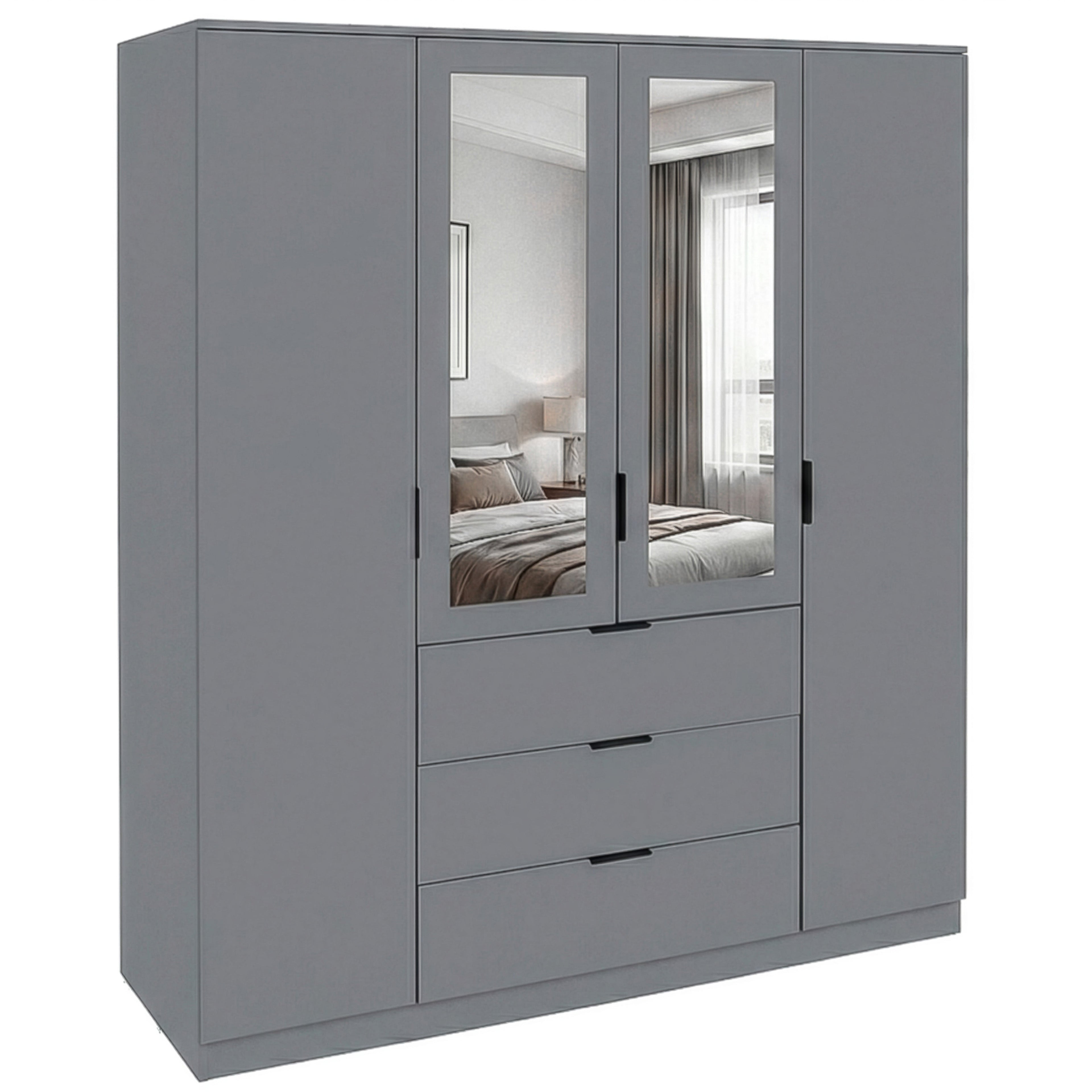 Trega 4 Door 3 Drawer Mirrored Wardrobe – Modern Spacious Bedroom Storage Closet, Grey
