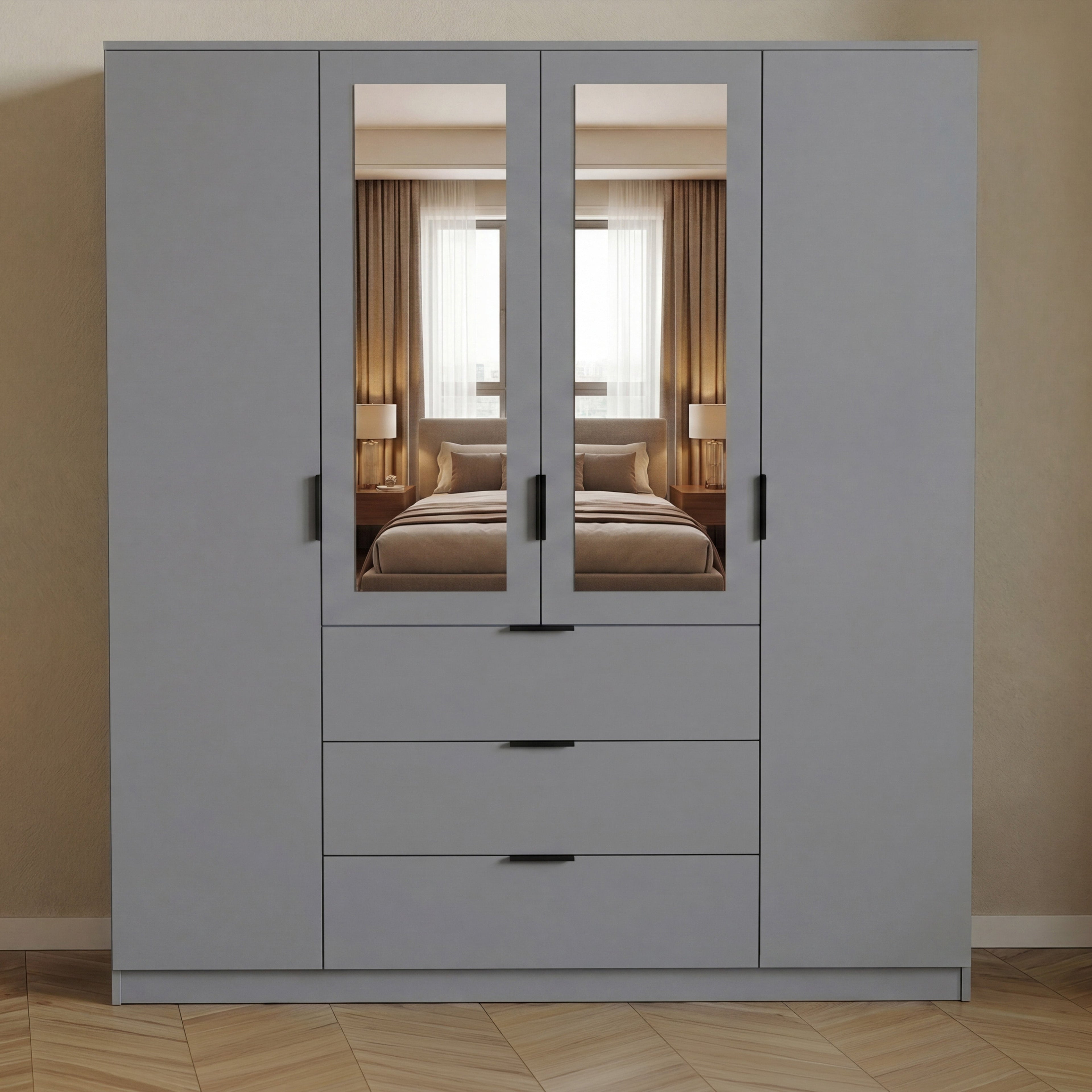 Trega 4 Door 3 Drawer Mirrored Wardrobe – Modern Spacious Bedroom Storage Closet, Grey