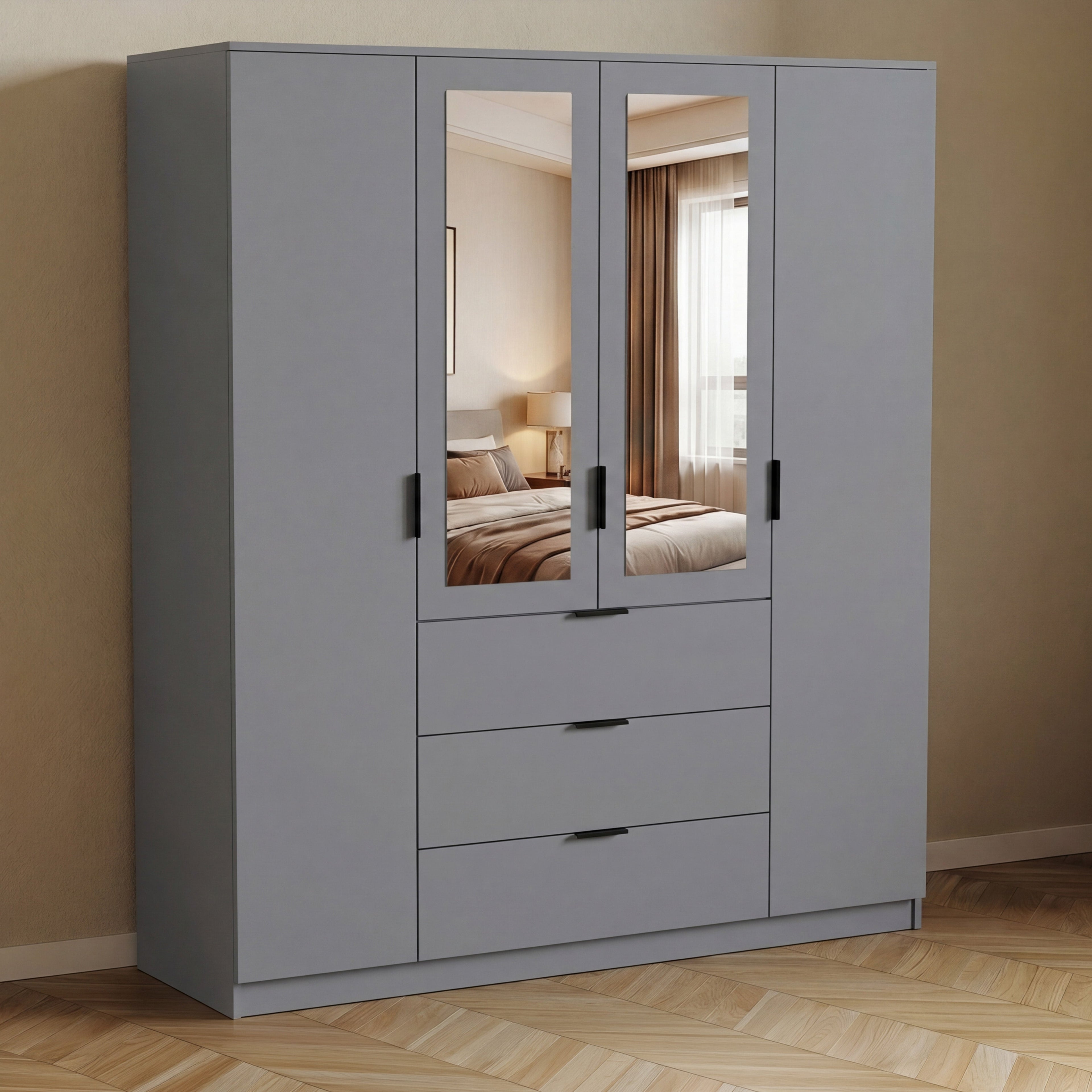 Trega 4 Door 3 Drawer Mirrored Wardrobe – Modern Spacious Bedroom Storage Closet, Grey
