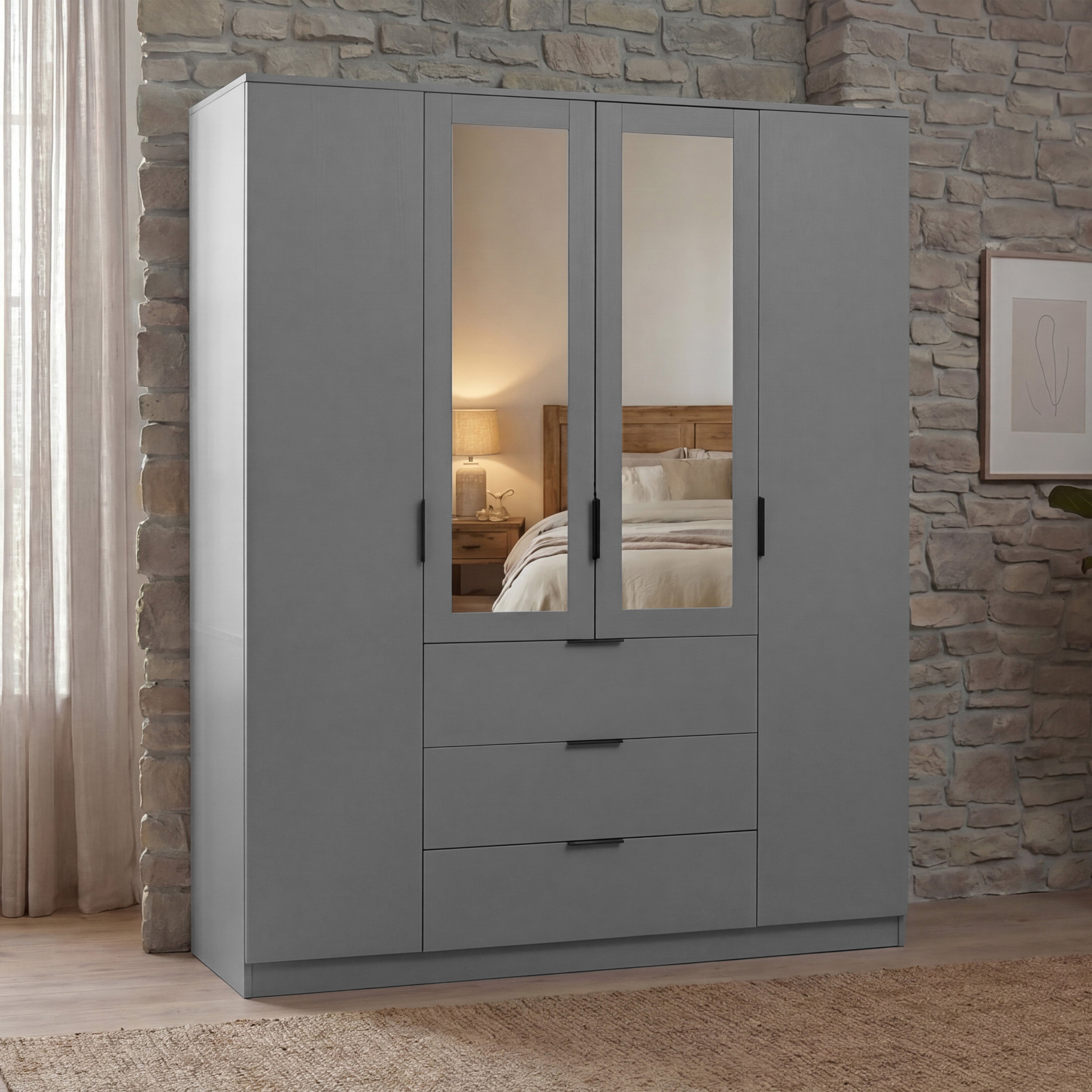 Trega 4 Door 3 Drawer Mirrored Wardrobe – Modern Spacious Bedroom Storage Closet, Grey