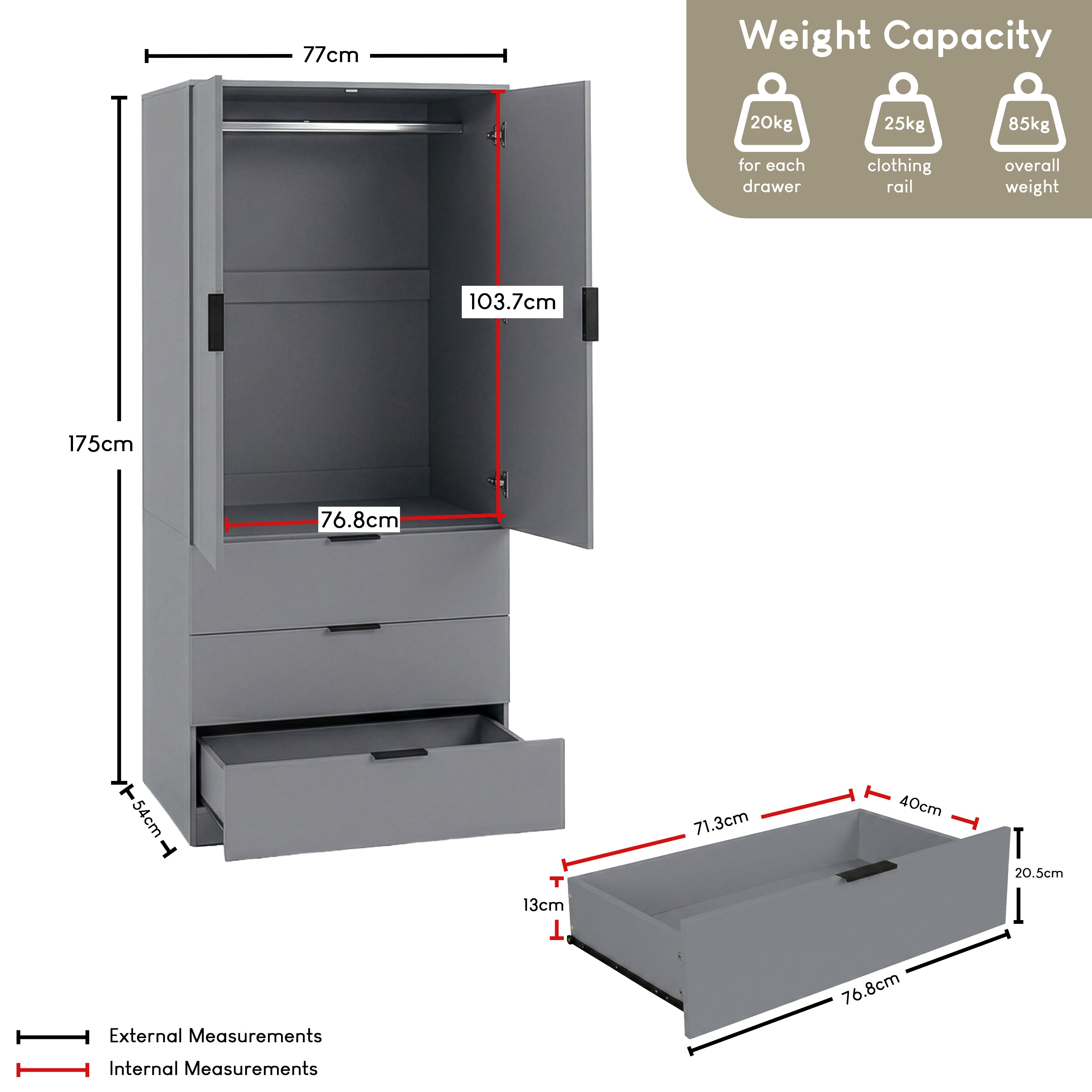 Trega 2 Door 3 Drawer Wardrobe – Modern Spacious Bedroom Storage Closet, Grey
