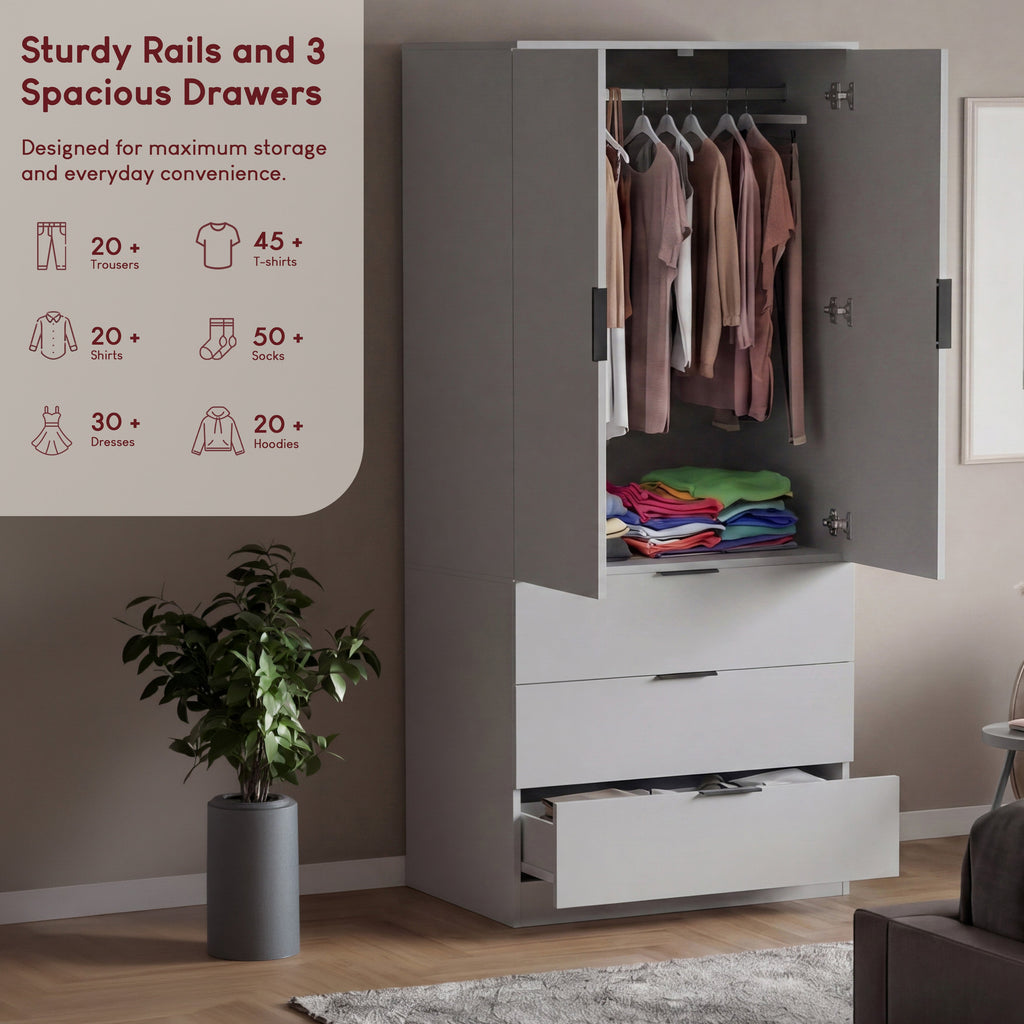 Trega 2 Door 3 Drawer Wardrobe – Modern Spacious Bedroom Storage Closet, Grey