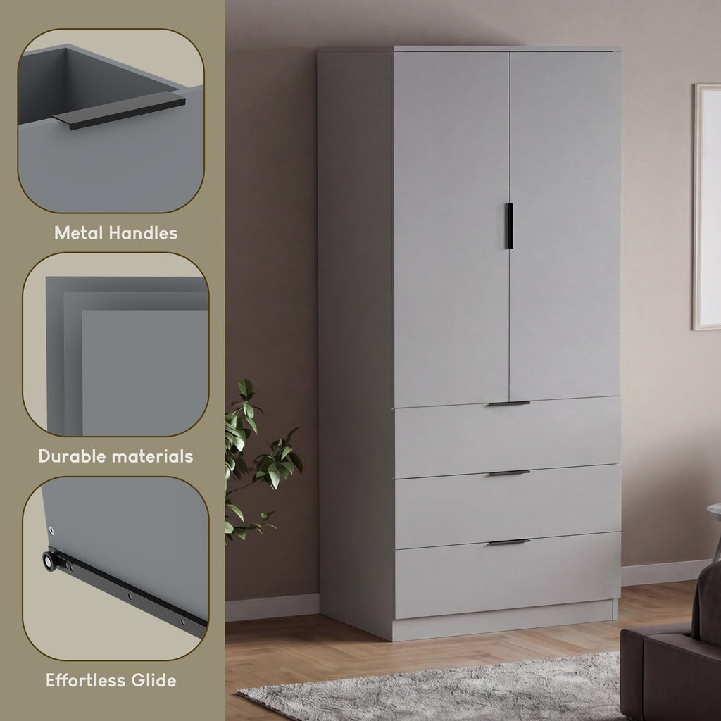 Trega 2 Door 3 Drawer Wardrobe – Modern Spacious Bedroom Storage Closet, Grey