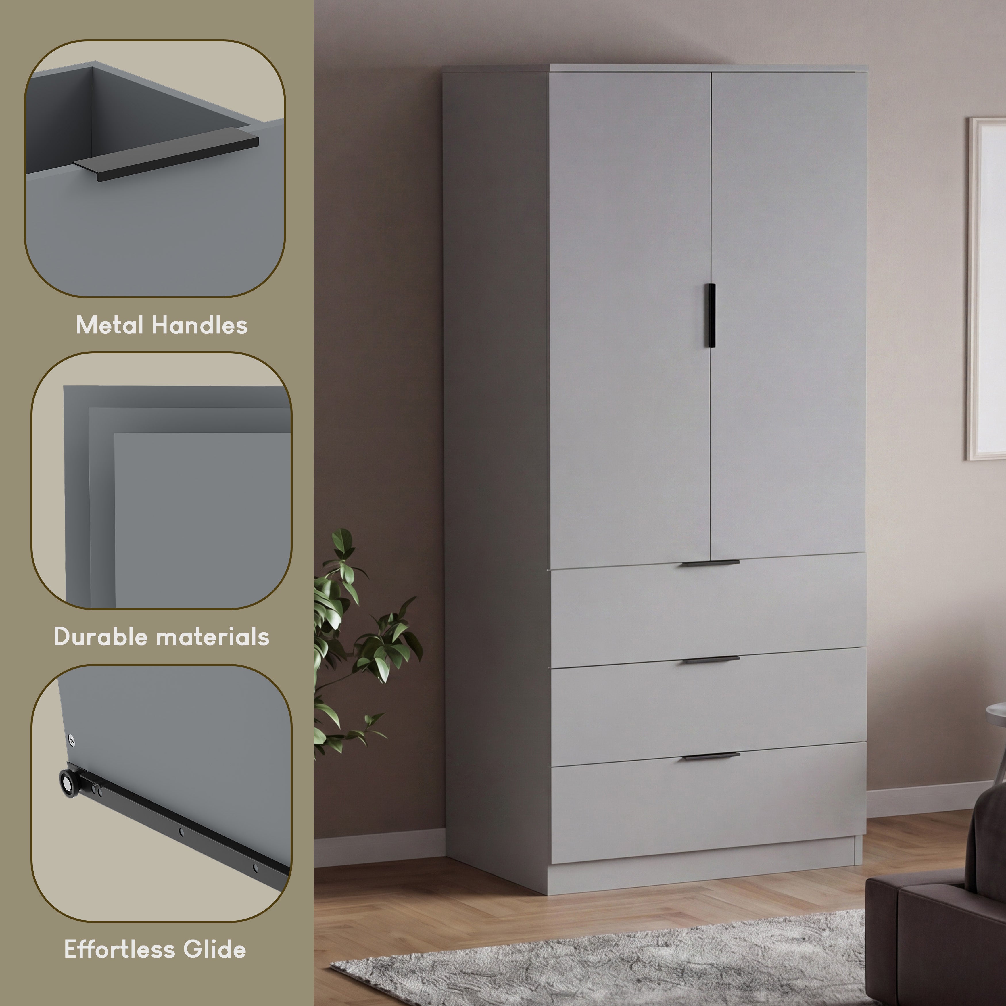 Trega 2 Door 3 Drawer Wardrobe – Modern Spacious Bedroom Storage Closet, Grey