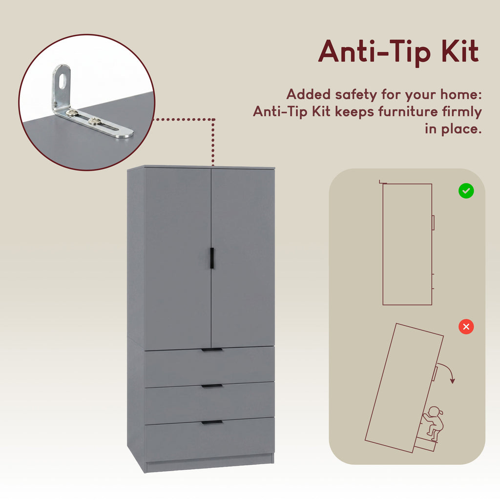 Trega 2 Door 3 Drawer Wardrobe – Modern Spacious Bedroom Storage Closet, Grey