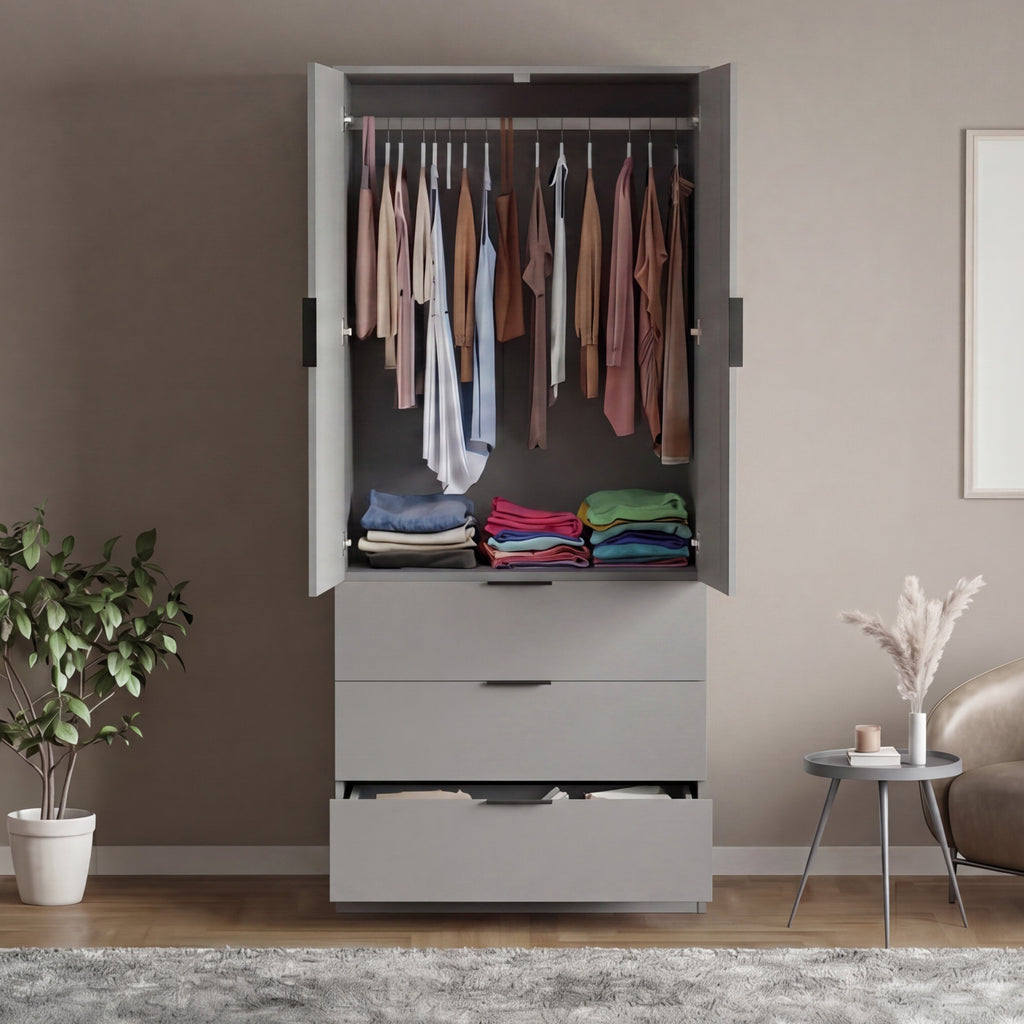 Trega 2 Door 3 Drawer Wardrobe – Modern Spacious Bedroom Storage Closet, Grey