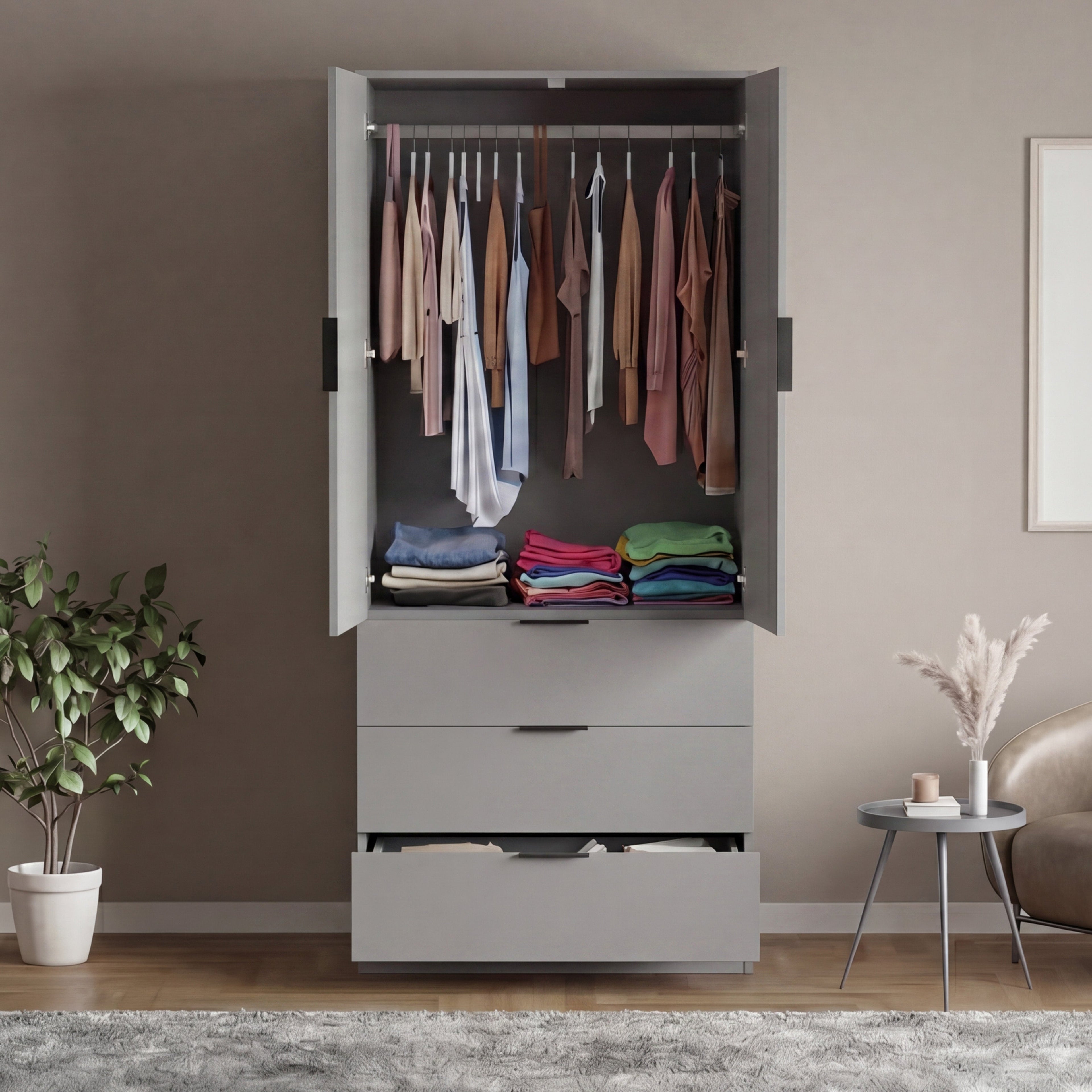 Trega 2 Door 3 Drawer Wardrobe – Modern Spacious Bedroom Storage Closet, Grey
