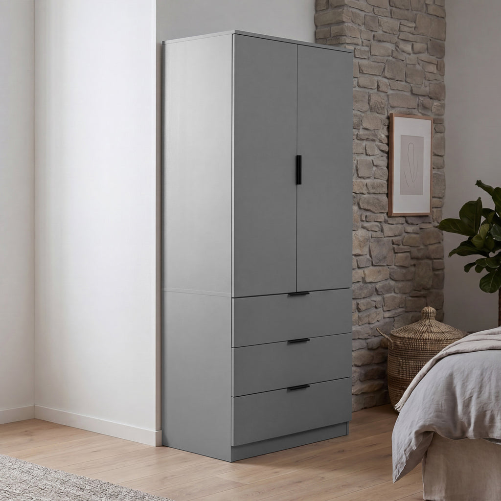 Trega 2 Door 3 Drawer Wardrobe – Modern Spacious Bedroom Storage Closet, Grey