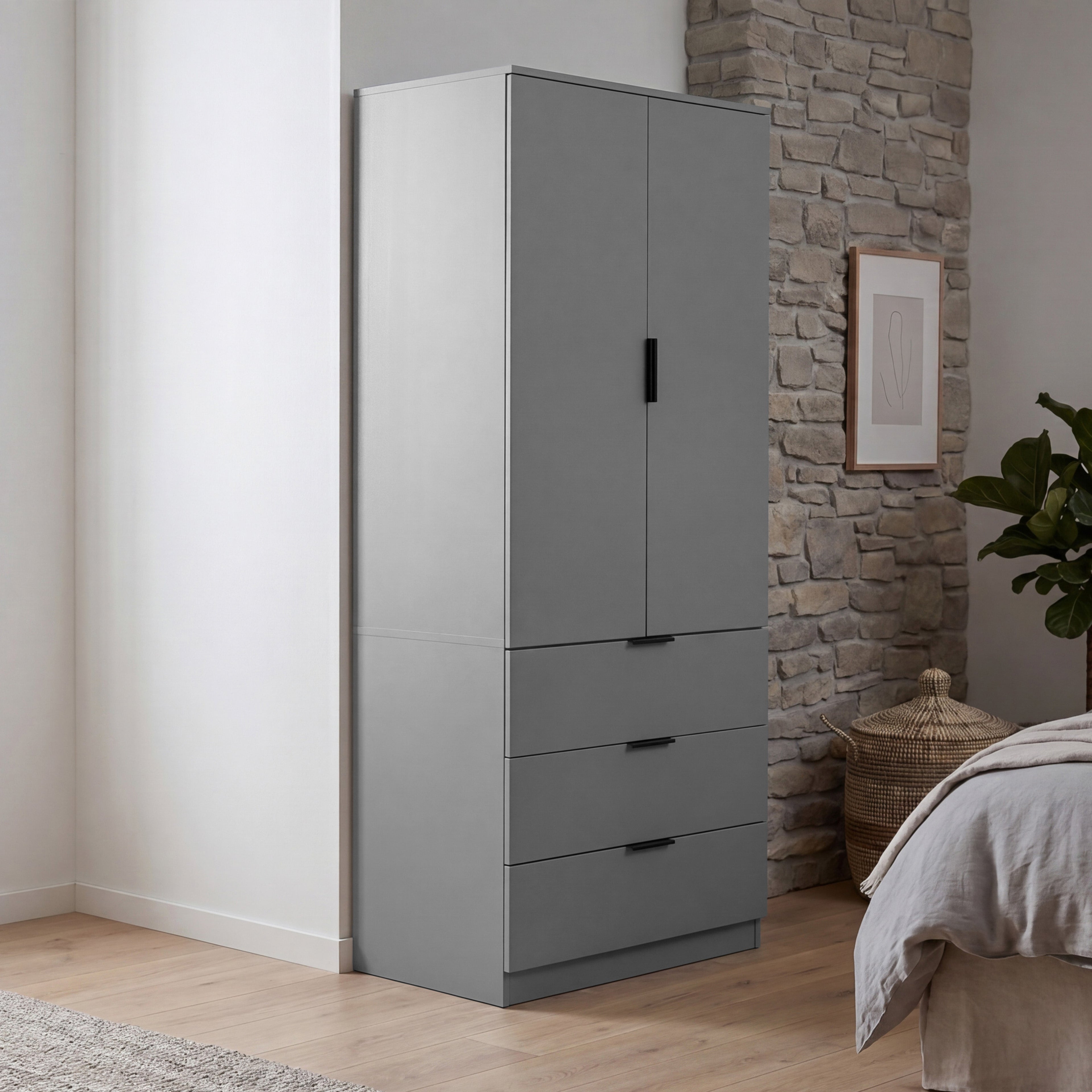 Trega 2 Door 3 Drawer Wardrobe – Modern Spacious Bedroom Storage Closet, Grey